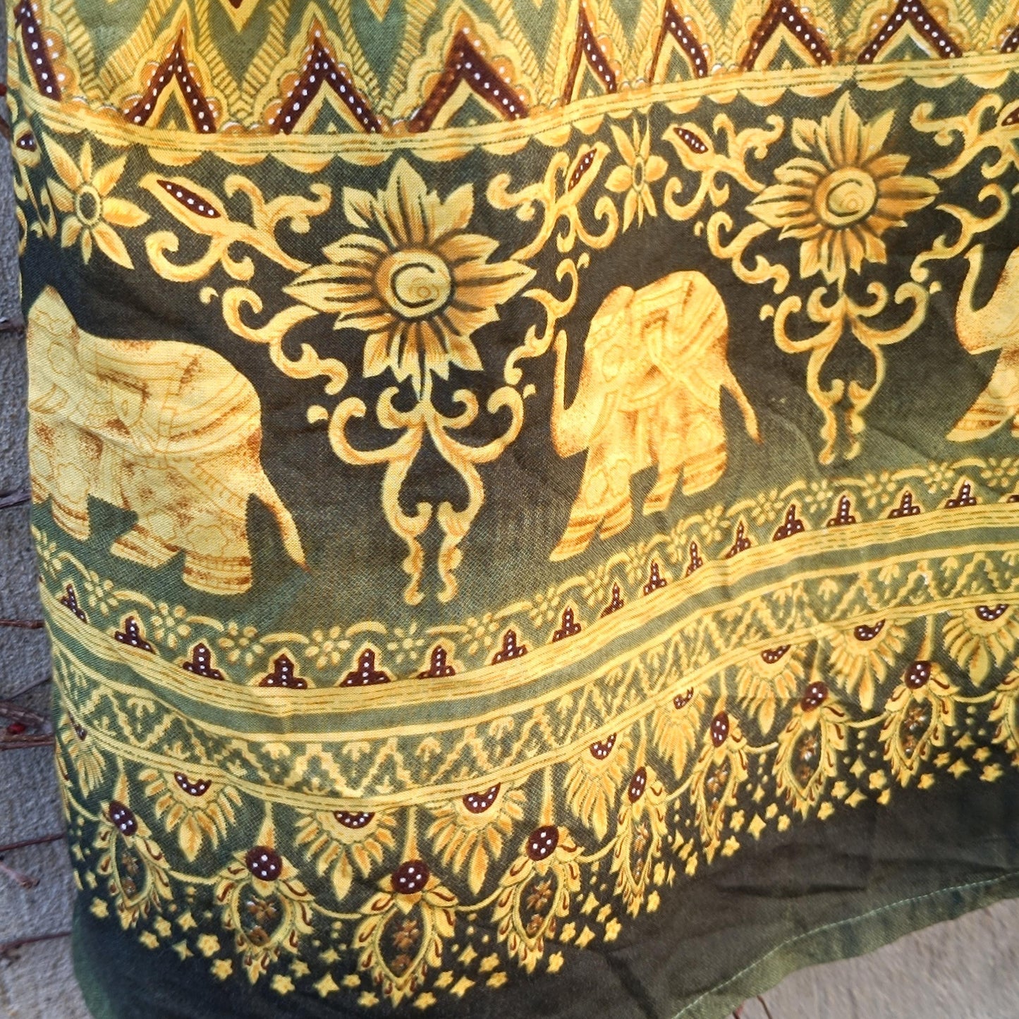 Elephant Print Top Green Gold Bohemian Festival Shirt Vintage Style Thai Blouse