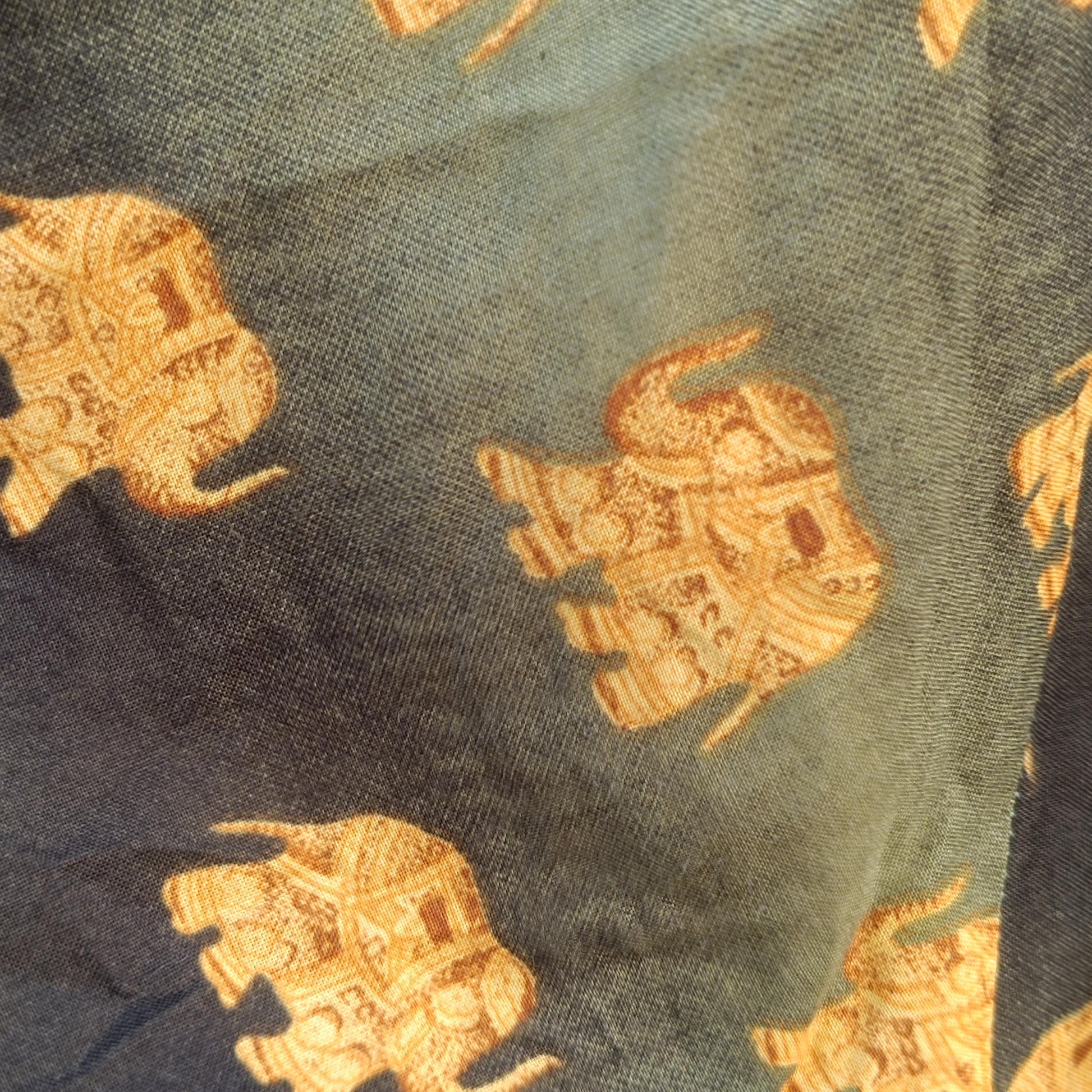 Elephant Print Top Green Gold Bohemian Festival Shirt Vintage Style Thai Blouse