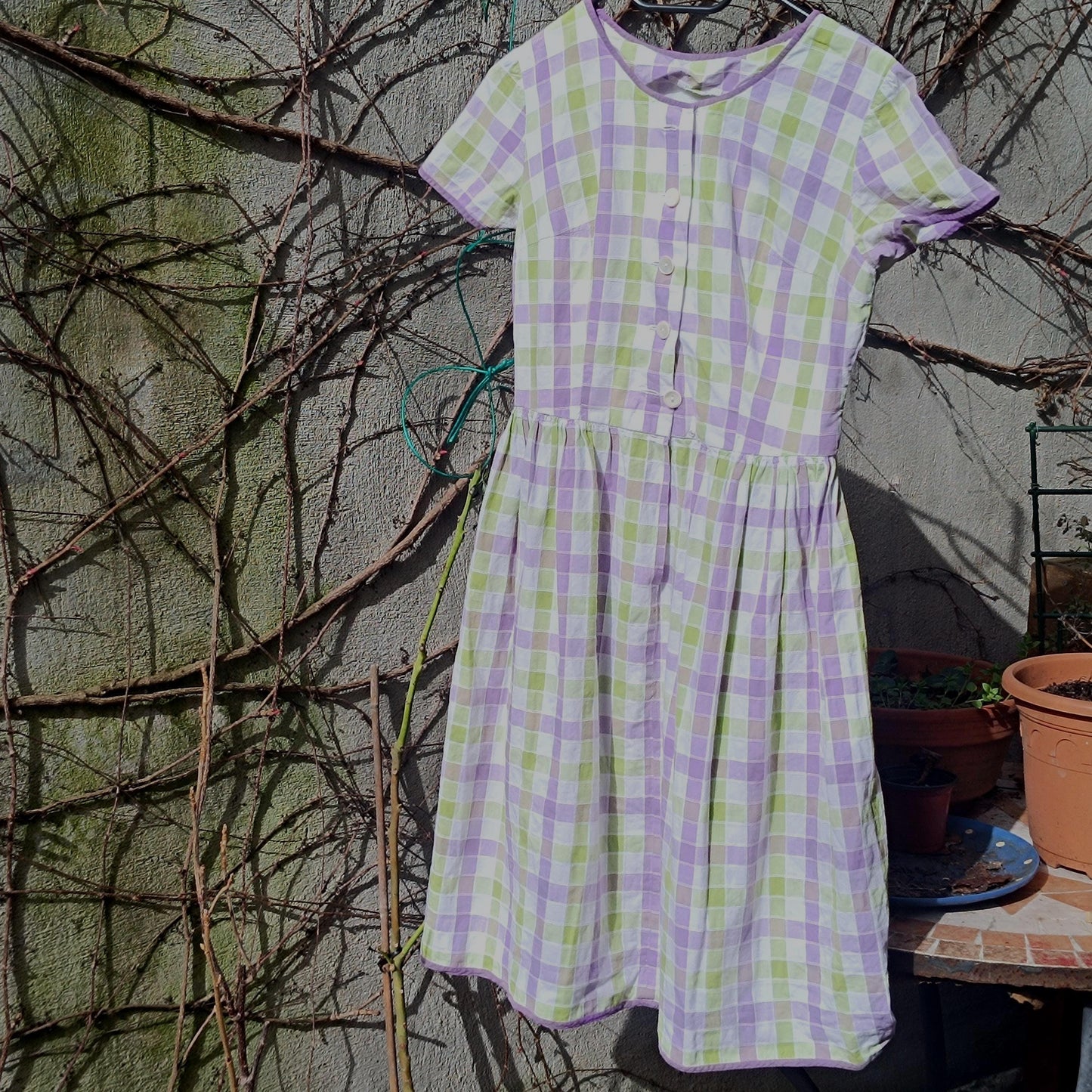 Vintage Gingham Fit and Flare Dress: Purple Green Check Cotton Summer Style
