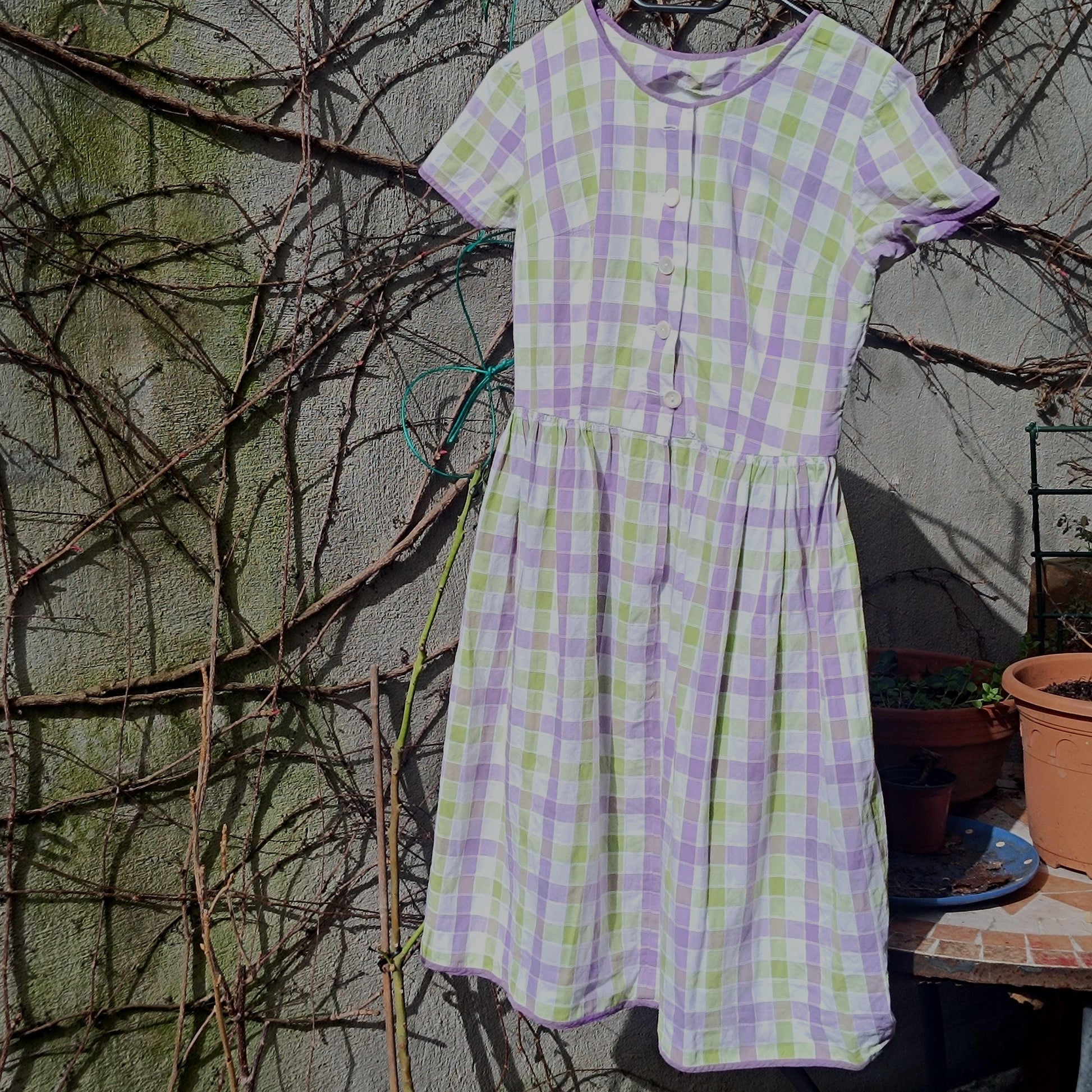 Vintage Gingham Fit and Flare Dress: Purple Green Check Cotton Summer Style