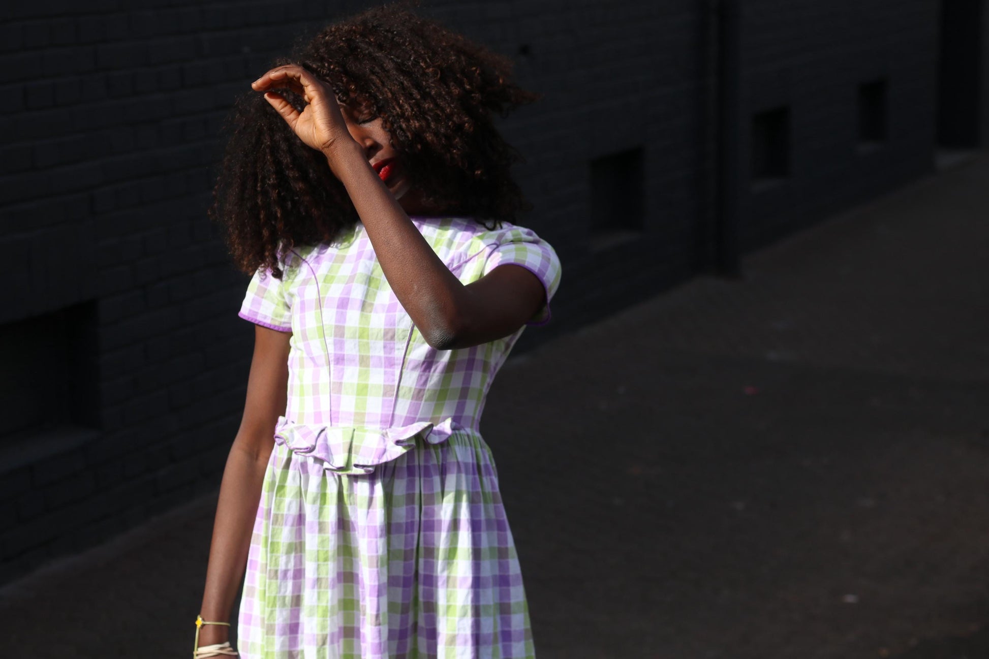 Vintage Gingham Fit and Flare Dress: Purple Green Check Cotton Summer Style