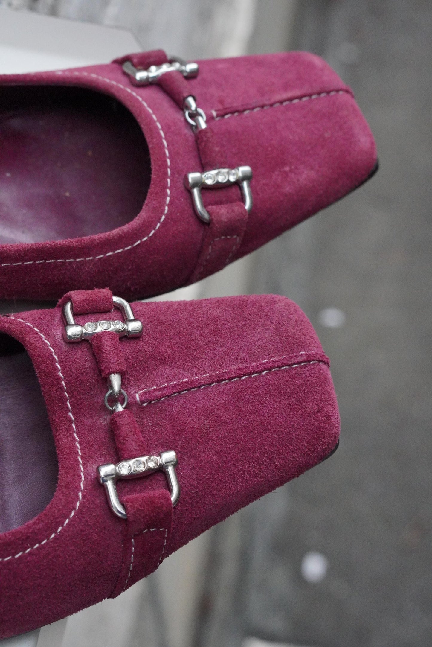 Vintage Magenta Pink Suede Heels| Square Toe Block Pumps| Genuine Leather Fuchsia Size 38