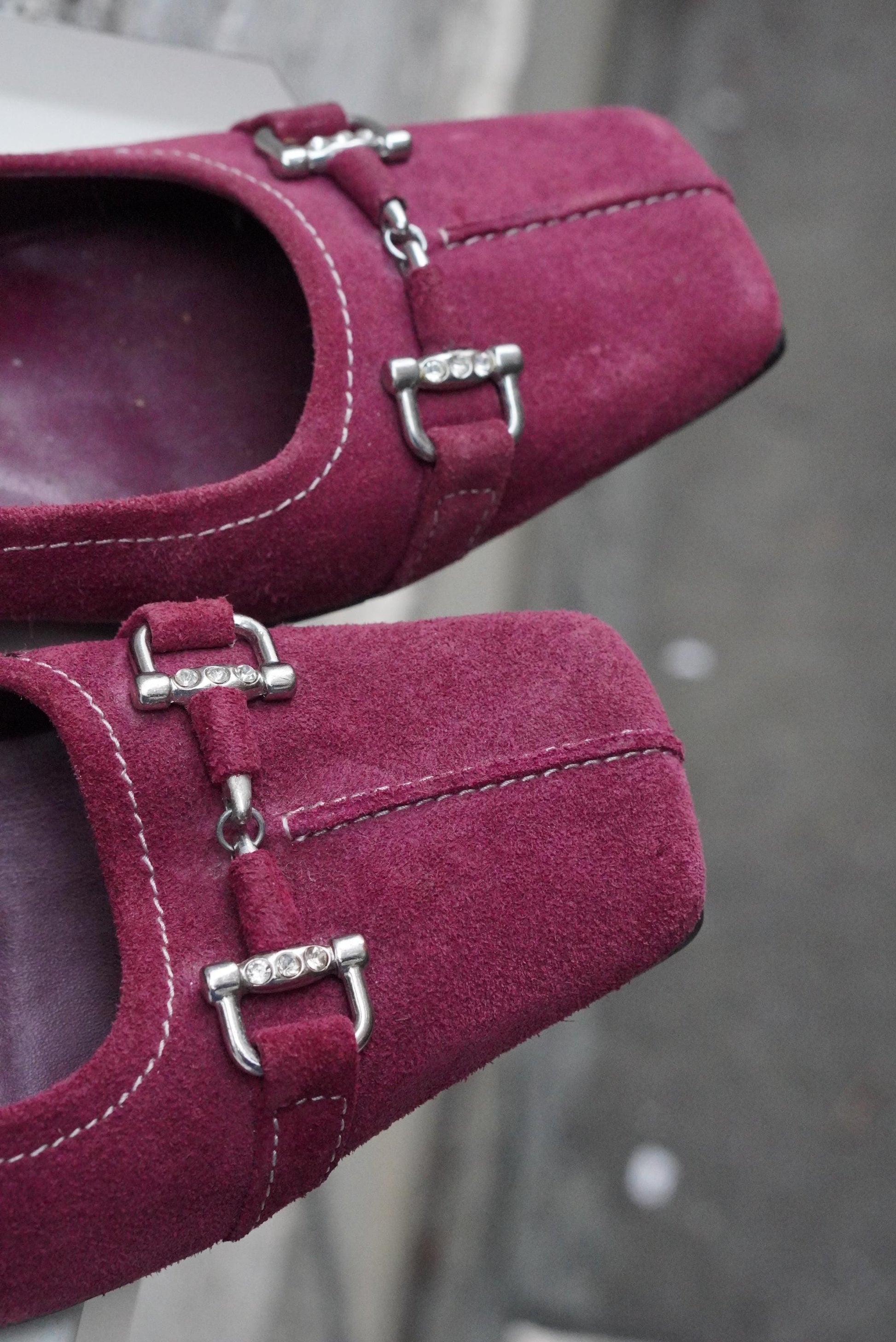 Vintage Magenta Pink Suede Heels| Square Toe Block Pumps| Genuine Leather Fuchsia Size 38
