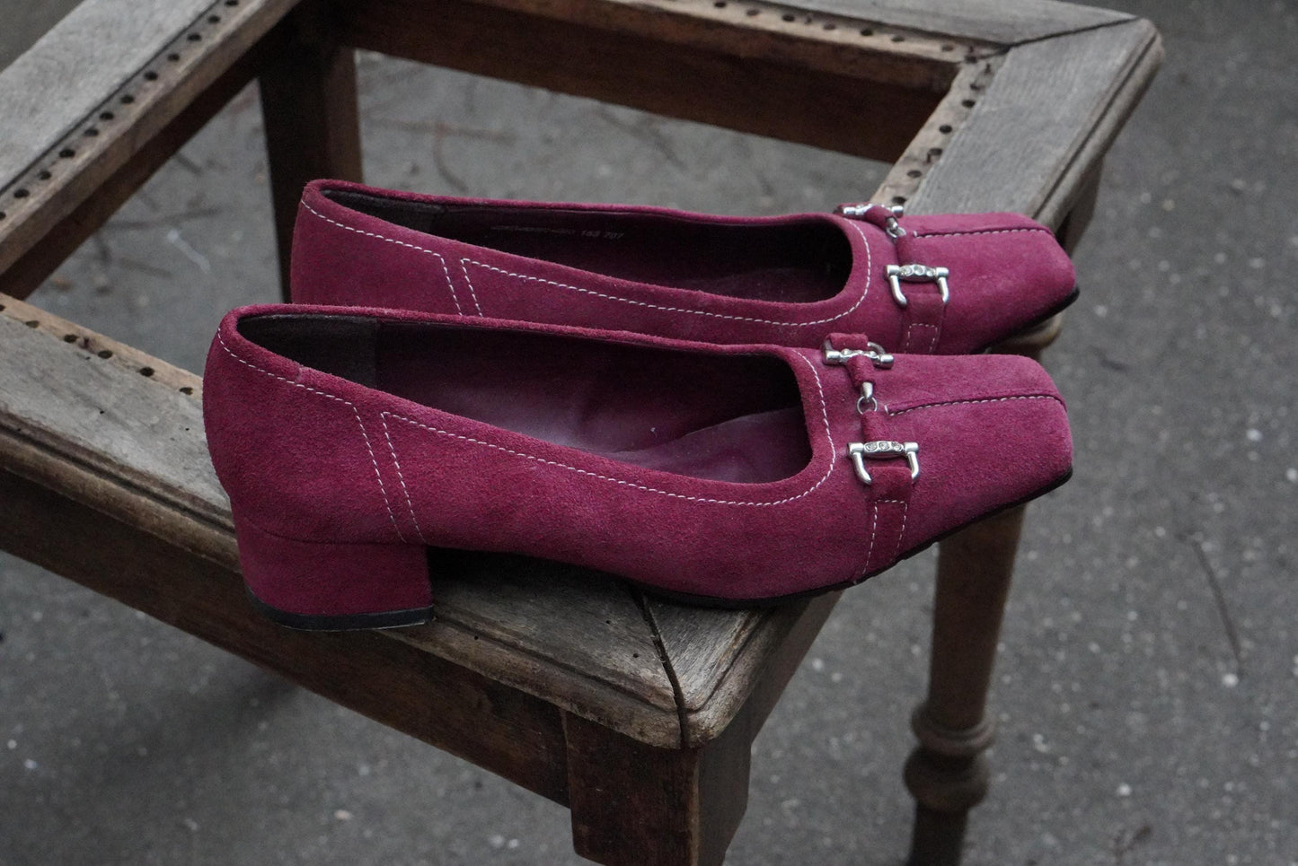 Vintage Magenta Pink Suede Heels| Square Toe Block Pumps| Genuine Leather Fuchsia Size 38
