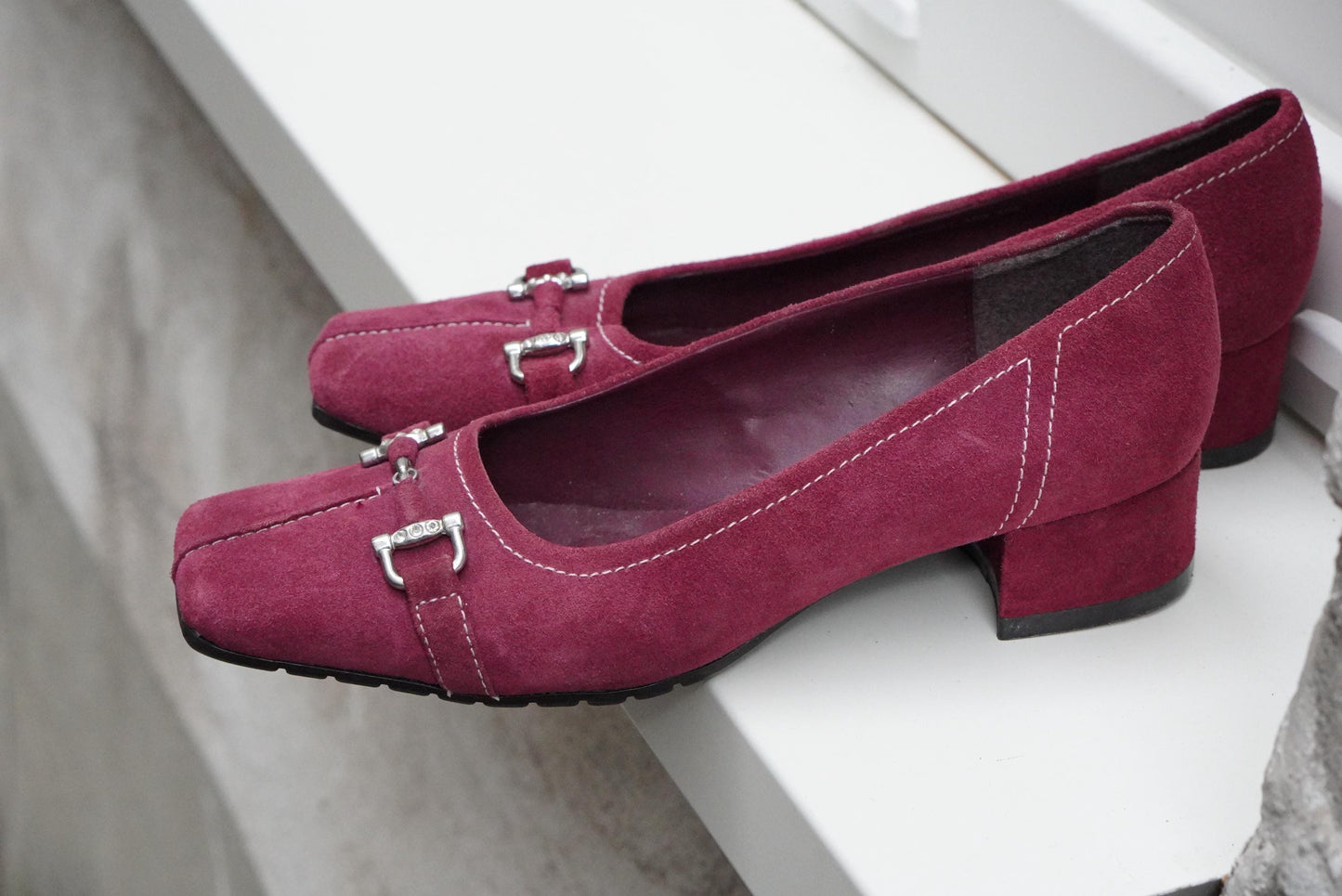 Vintage Magenta Pink Suede Heels| Square Toe Block Pumps| Genuine Leather Fuchsia Size 38