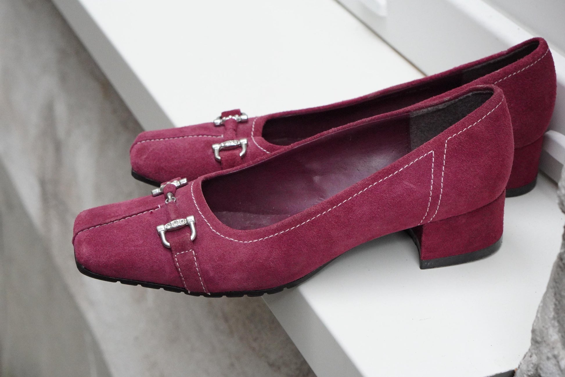 Vintage Magenta Pink Suede Heels| Square Toe Block Pumps| Genuine Leather Fuchsia Size 38