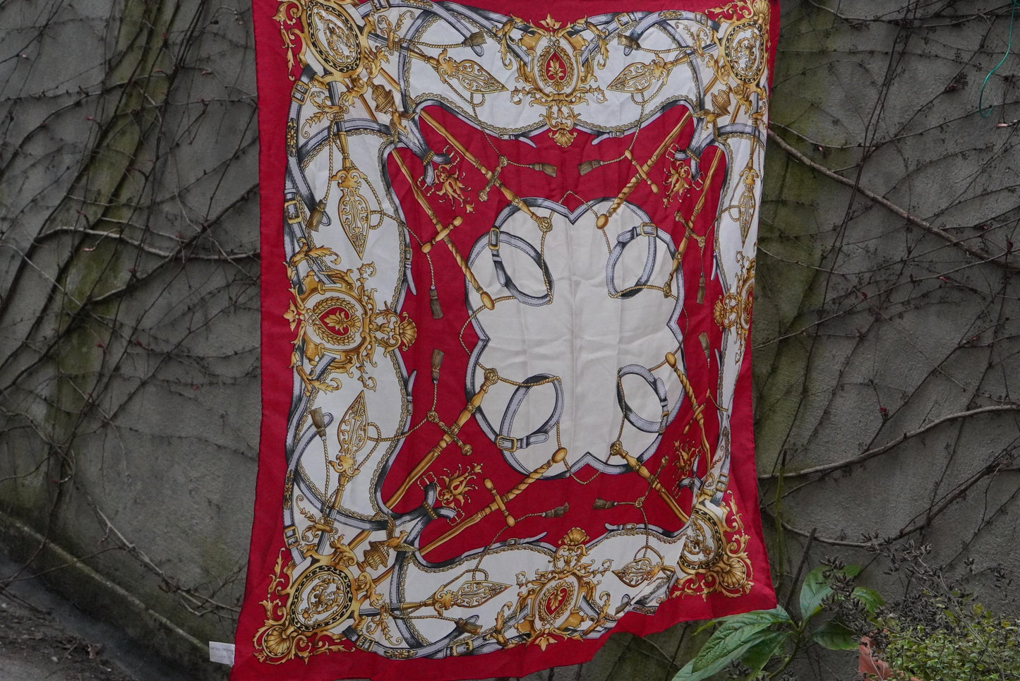 Vintage Silk Scarf Red Gold Equestrian Print Square Neck Scarf Baroque Accessories