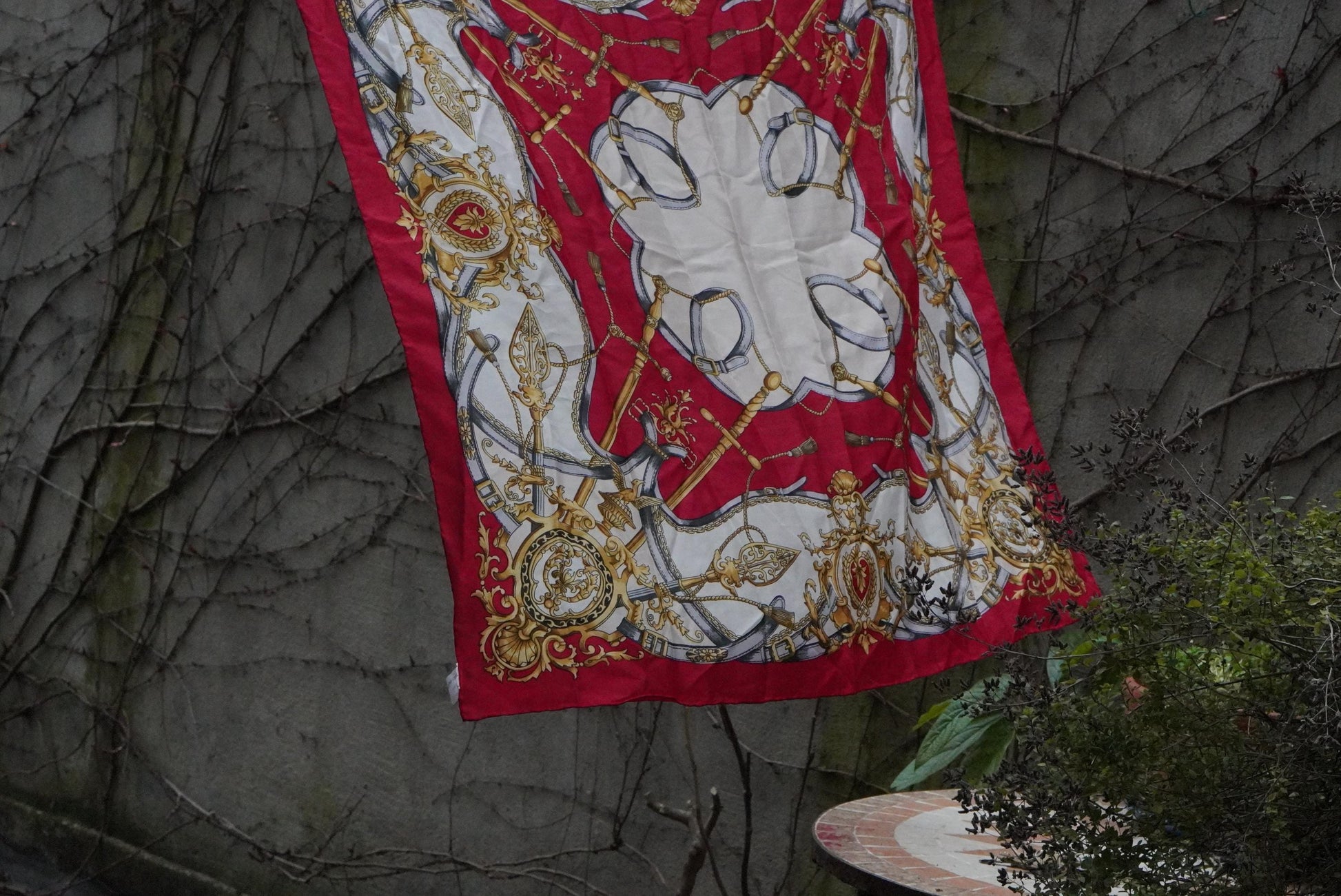 Vintage Silk Scarf Red Gold Equestrian Print Square Neck Scarf Baroque Accessories