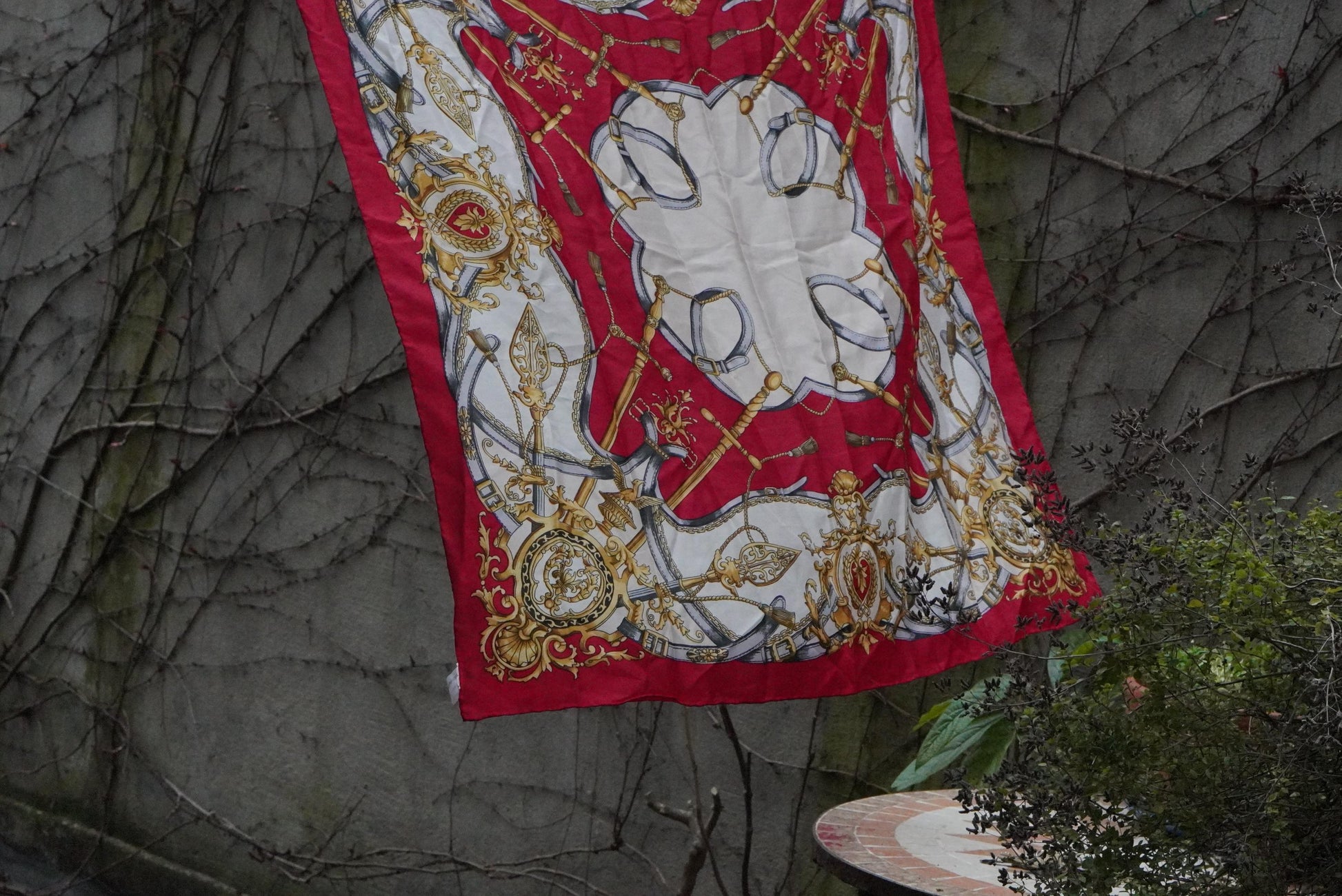Vintage Silk Scarf Red Gold Equestrian Print Square Neck Scarf Baroque Accessories