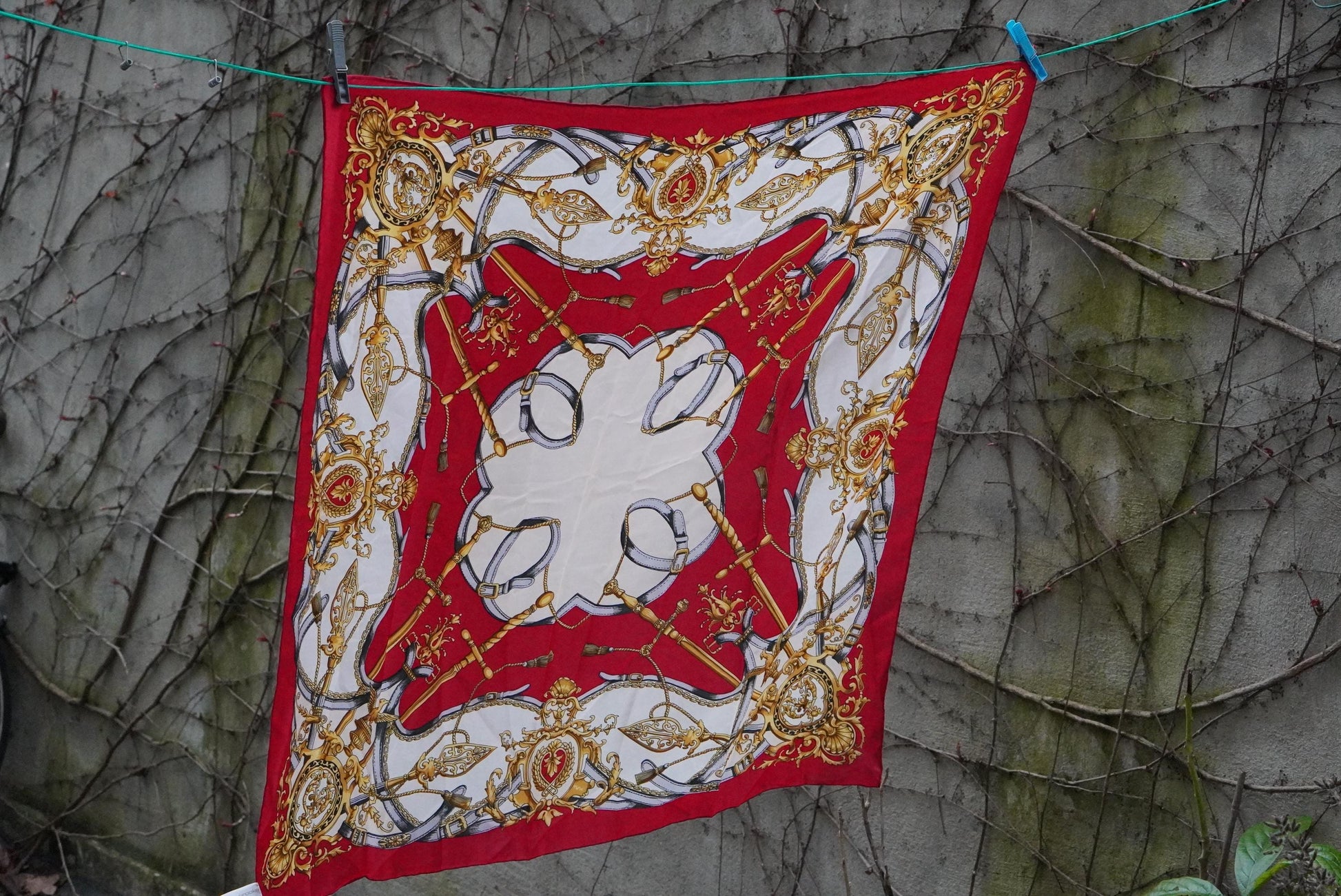 Vintage Silk Scarf Red Gold Equestrian Print Square Neck Scarf Baroque Accessories