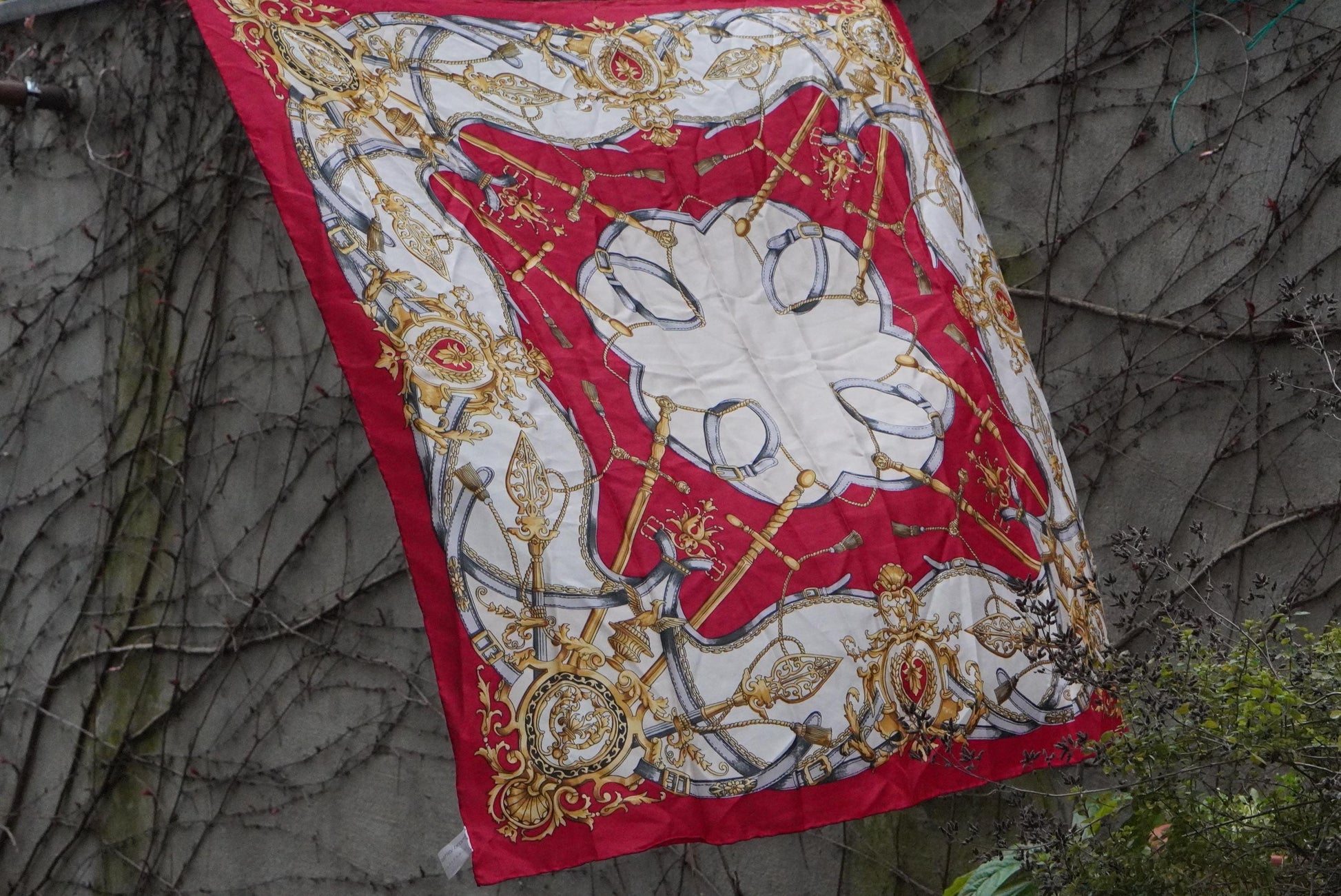 Vintage Silk Scarf Red Gold Equestrian Print Square Neck Scarf Baroque Accessories