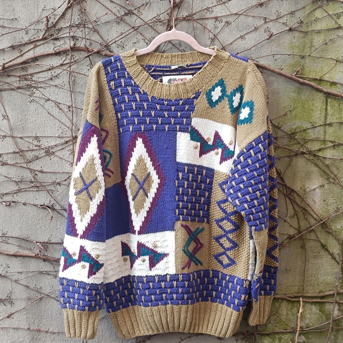 Vintage 90s Abstract Geometric Knit Sweater | Mixed Texture Ramie Cotton Jumper M