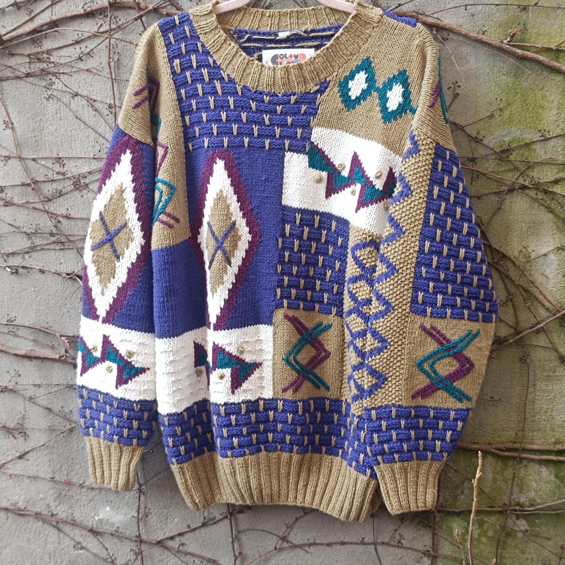 Vintage 90s Abstract Geometric Knit Sweater | Mixed Texture Ramie Cotton Jumper M