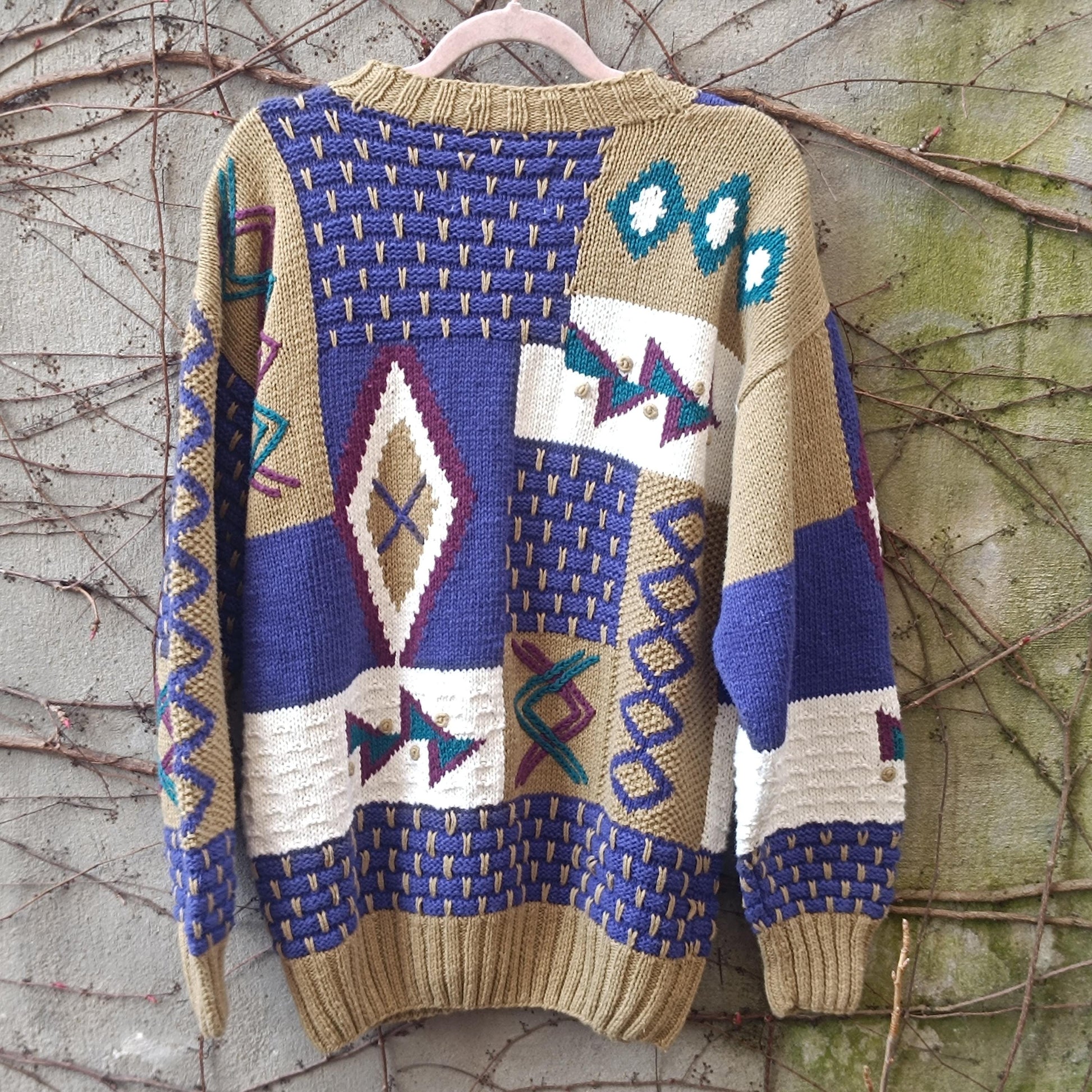 Vintage 90s Abstract Geometric Knit Sweater | Mixed Texture Ramie Cotton Jumper M