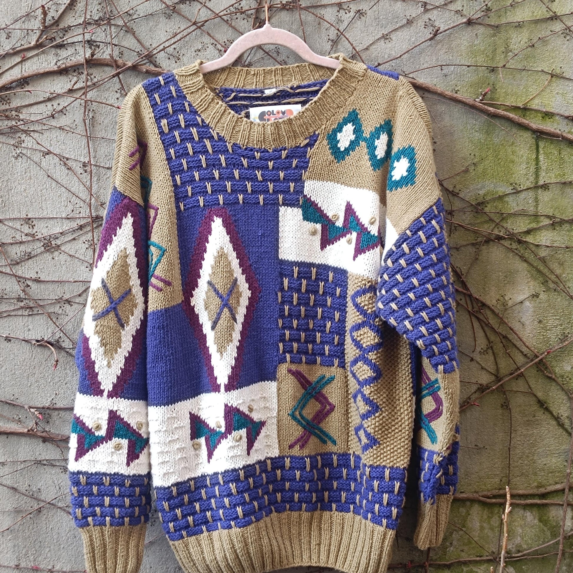 Vintage 90s Abstract Geometric Knit Sweater | Mixed Texture Ramie Cotton Jumper M