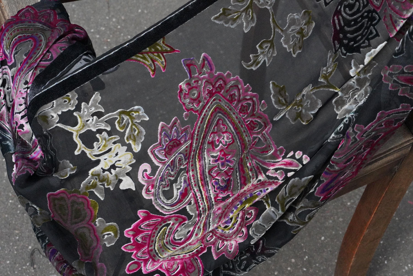 Vintage Devoré Velvet Scarf Silk Mix Paisley Shawl Magenta Black Sheer Wrap Boho