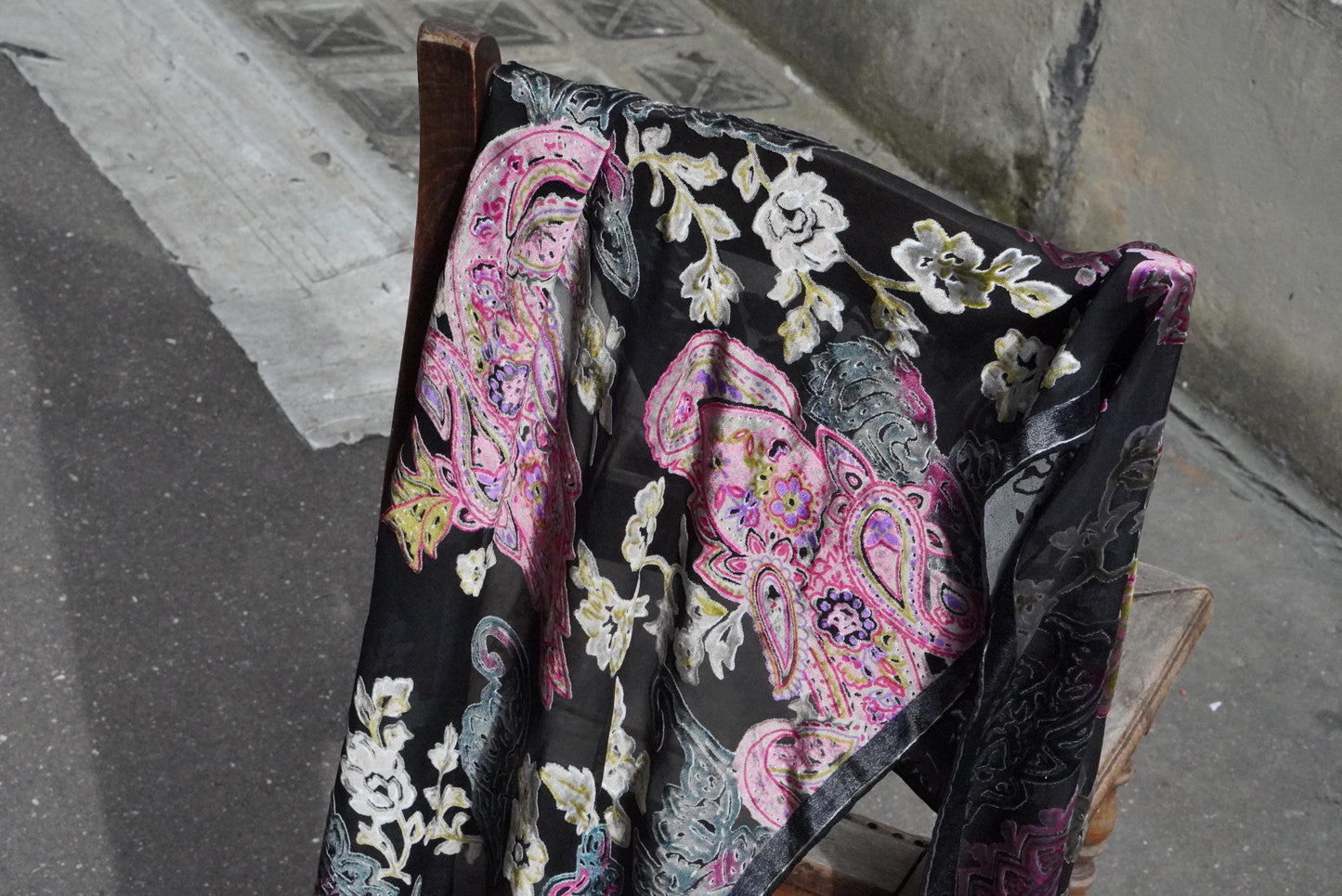 Vintage Devoré Velvet Scarf Silk Mix Paisley Shawl Magenta Black Sheer Wrap Boho