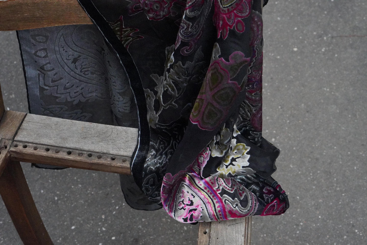 Vintage Devoré Velvet Scarf Silk Mix Paisley Shawl Magenta Black Sheer Wrap Boho