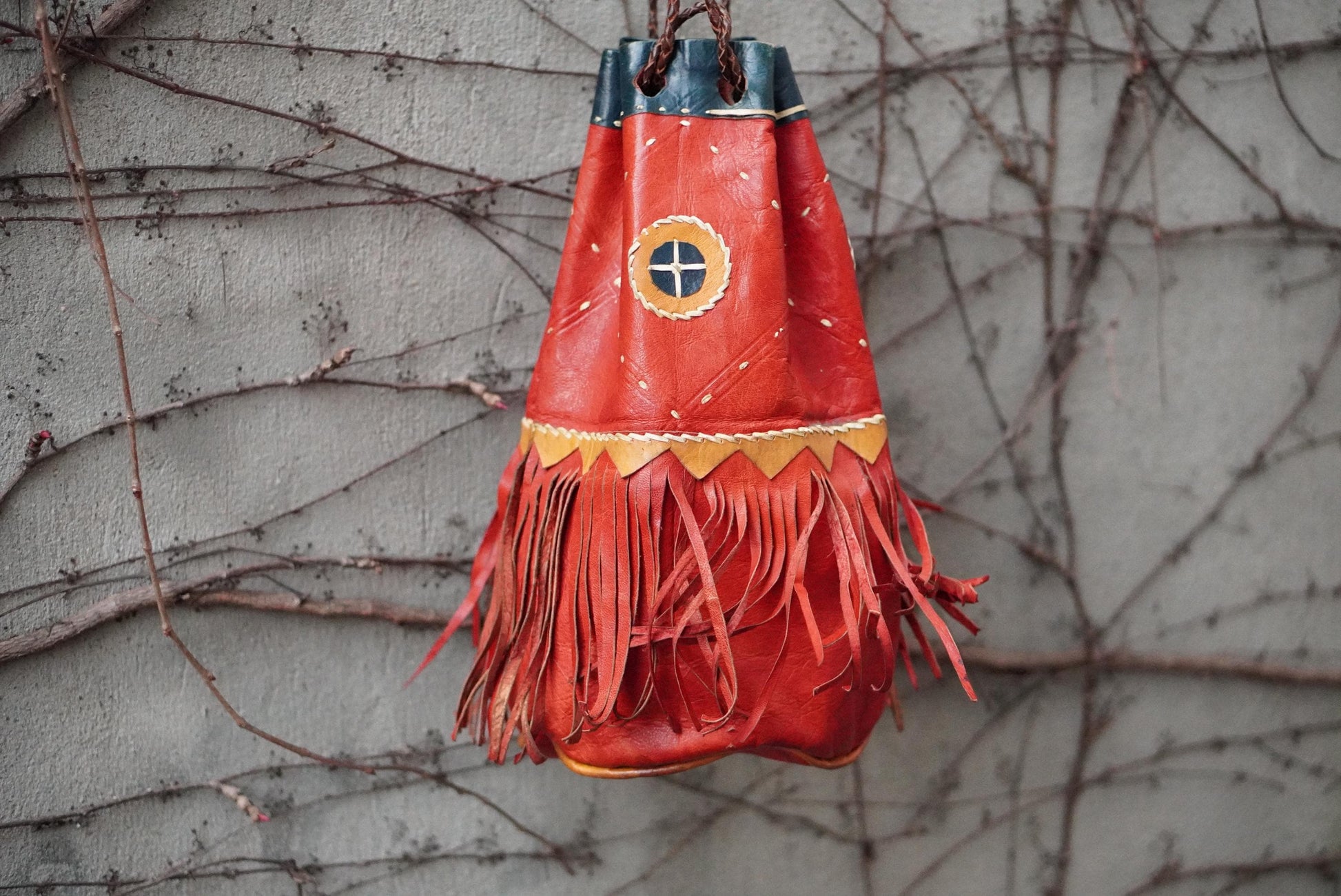 Vintage Red Leather Fringe Bag Handcrafted Artisanal Drawstring Pouch Boho Tassel