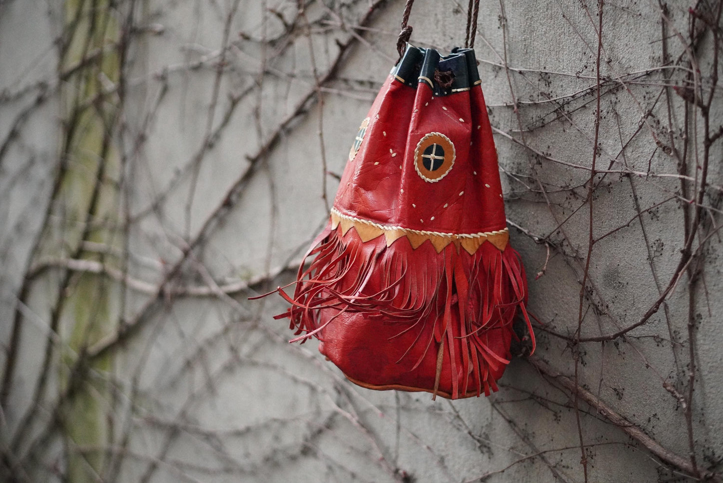 Vintage Red Leather Fringe Bag Handcrafted Artisanal Drawstring Pouch Boho Tassel