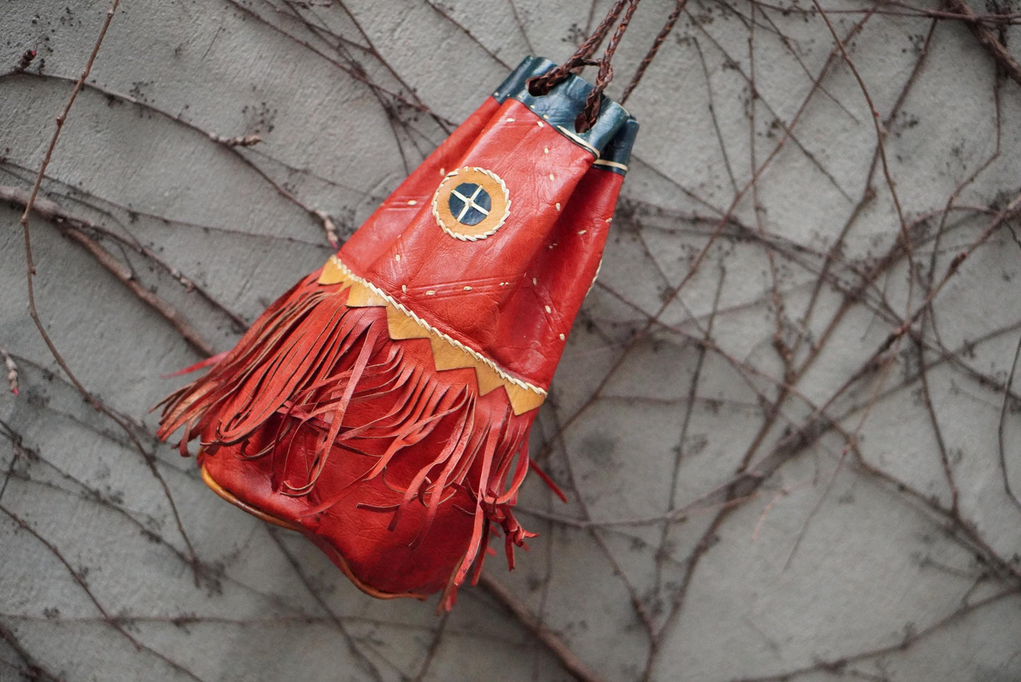 Vintage Red Leather Fringe Bag Handcrafted Artisanal Drawstring Pouch Boho Tassel
