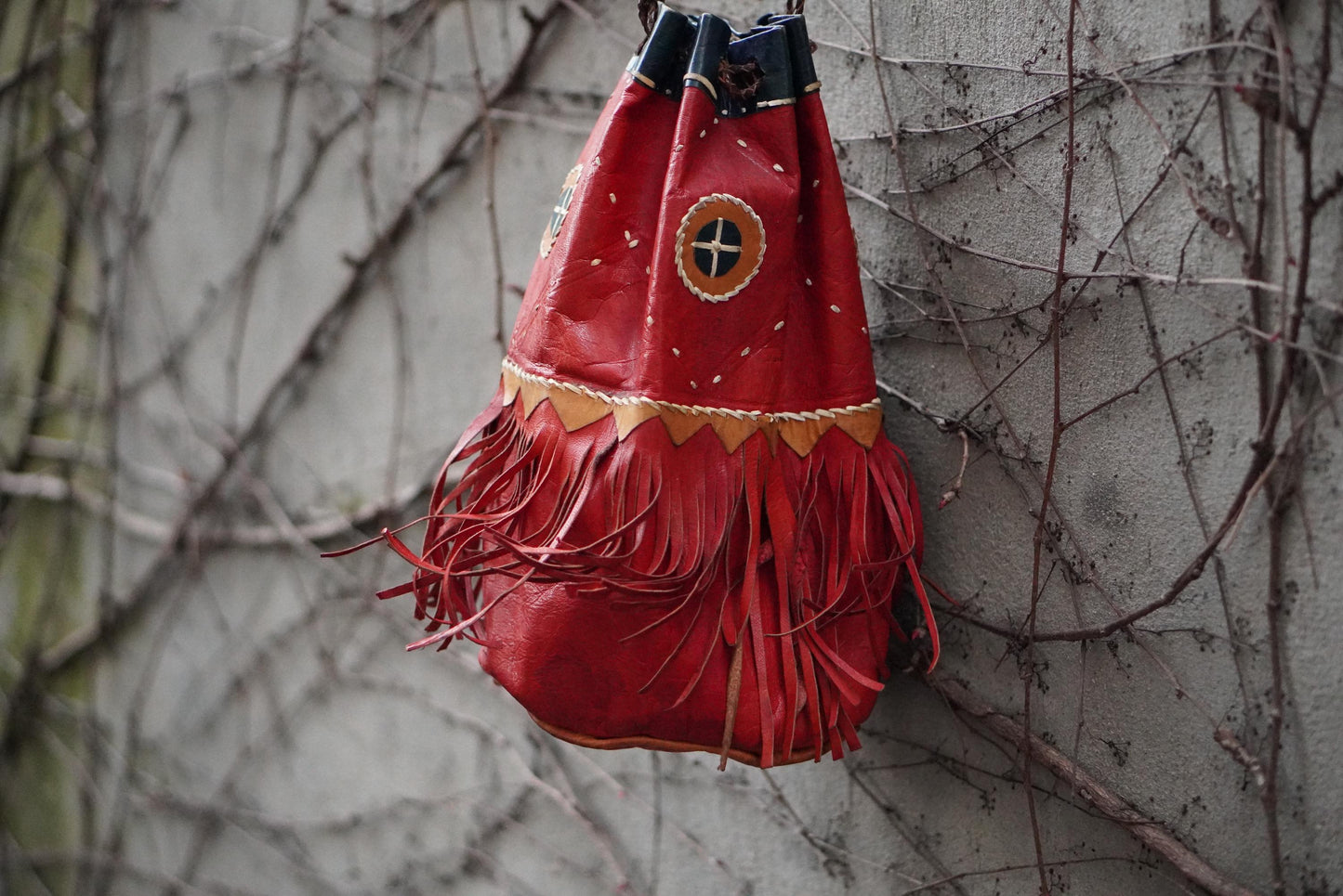 Vintage Red Leather Fringe Bag Handcrafted Artisanal Drawstring Pouch Boho Tassel