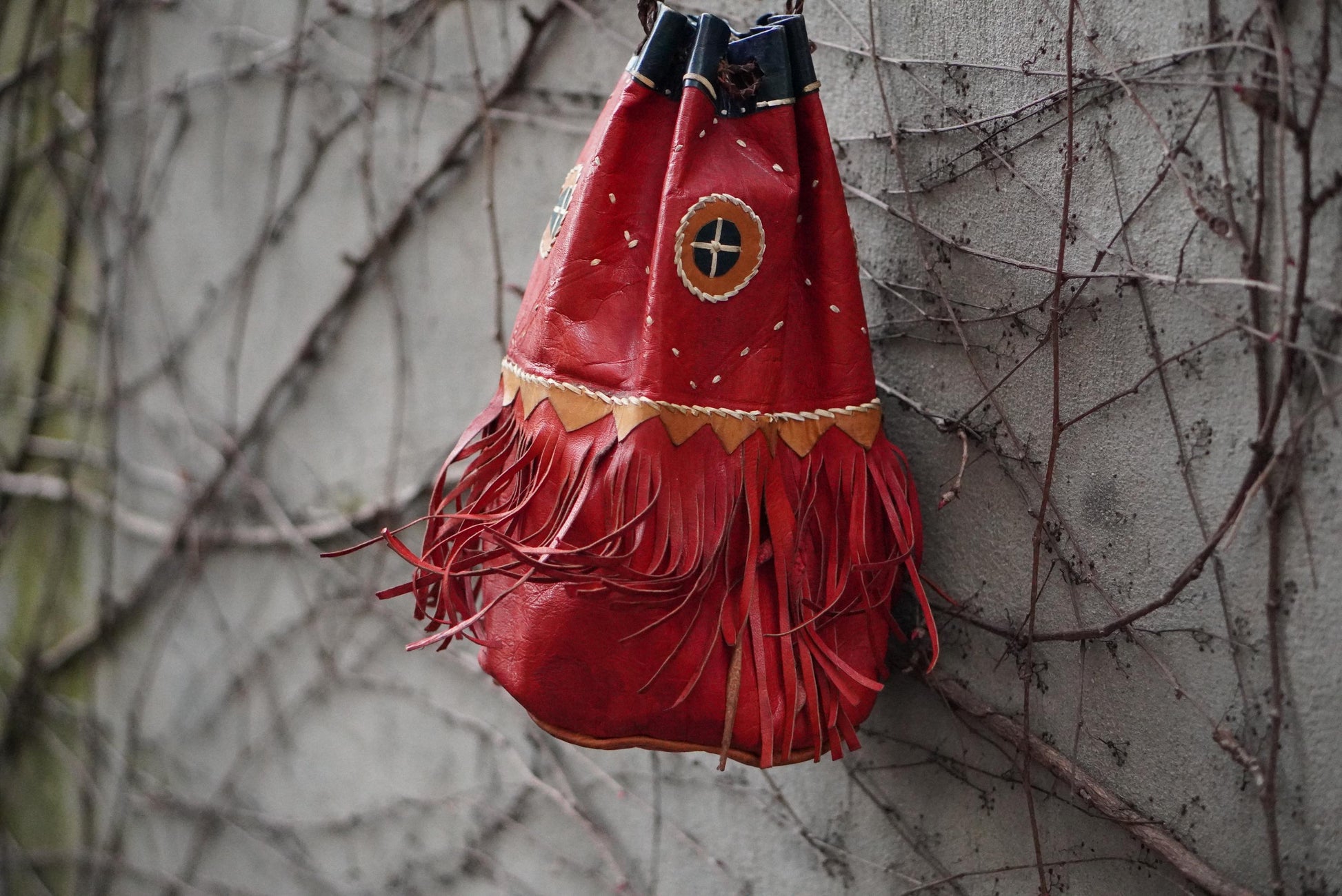Vintage Red Leather Fringe Bag Handcrafted Artisanal Drawstring Pouch Boho Tassel