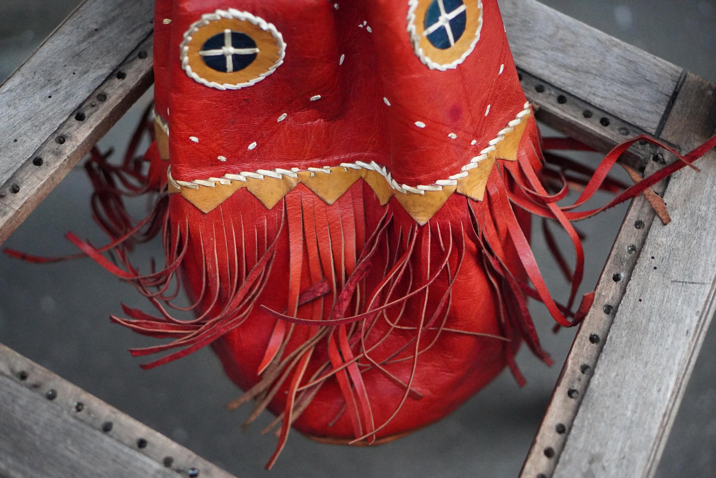 Vintage Red Leather Fringe Bag Handcrafted Artisanal Drawstring Pouch Boho Tassel