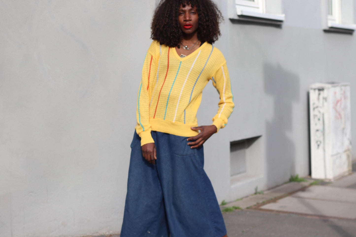 Vintage Yellow Knit Sweater Striped V-Neck Jumper Retro 70s 80s Cotton Knit Top