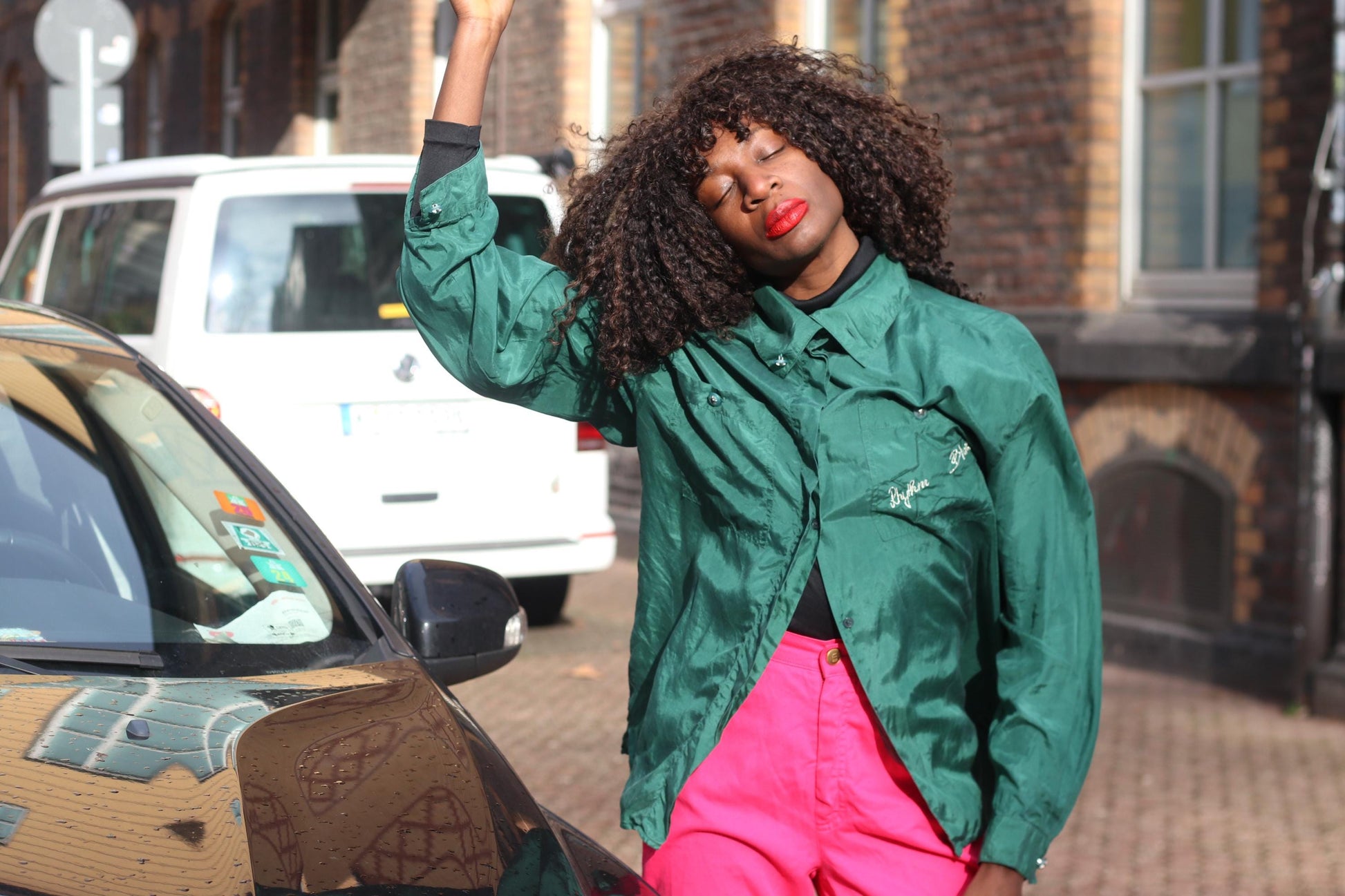 Oversized Silk Blouse Emerald Green 90s Vintage Shirt Embroidered Top L XL