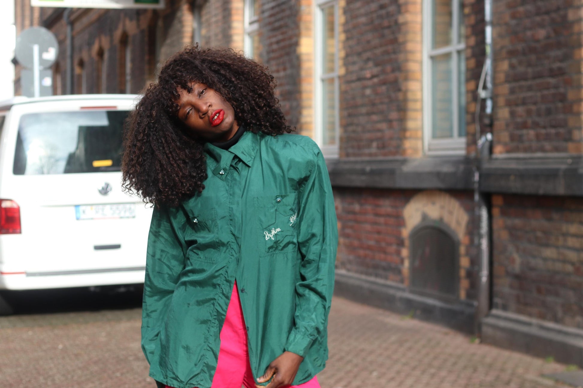 Oversized Silk Blouse Emerald Green 90s Vintage Shirt Embroidered Top L XL