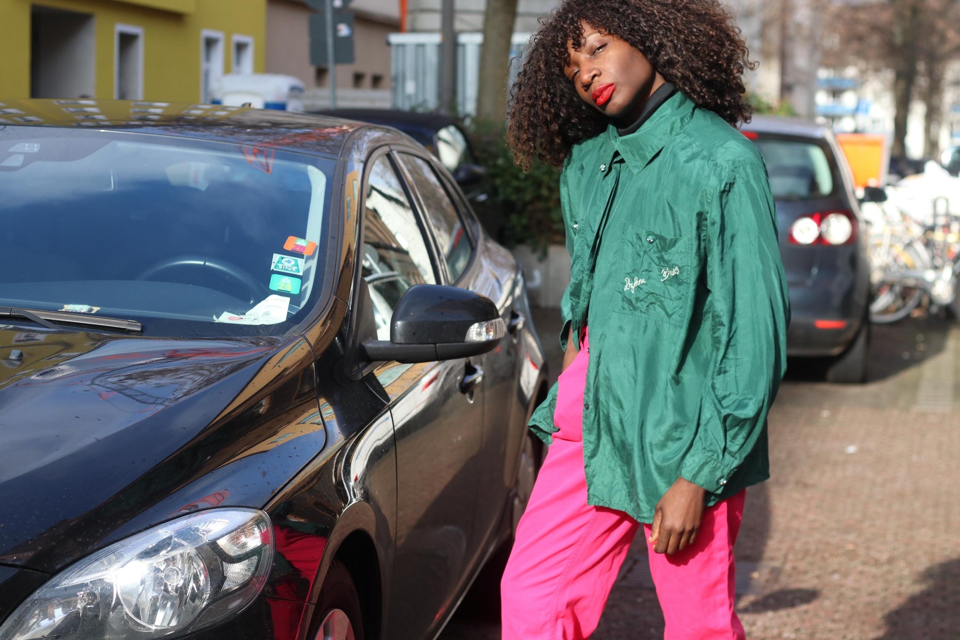 Oversized Silk Blouse Emerald Green 90s Vintage Shirt Embroidered Top L XL