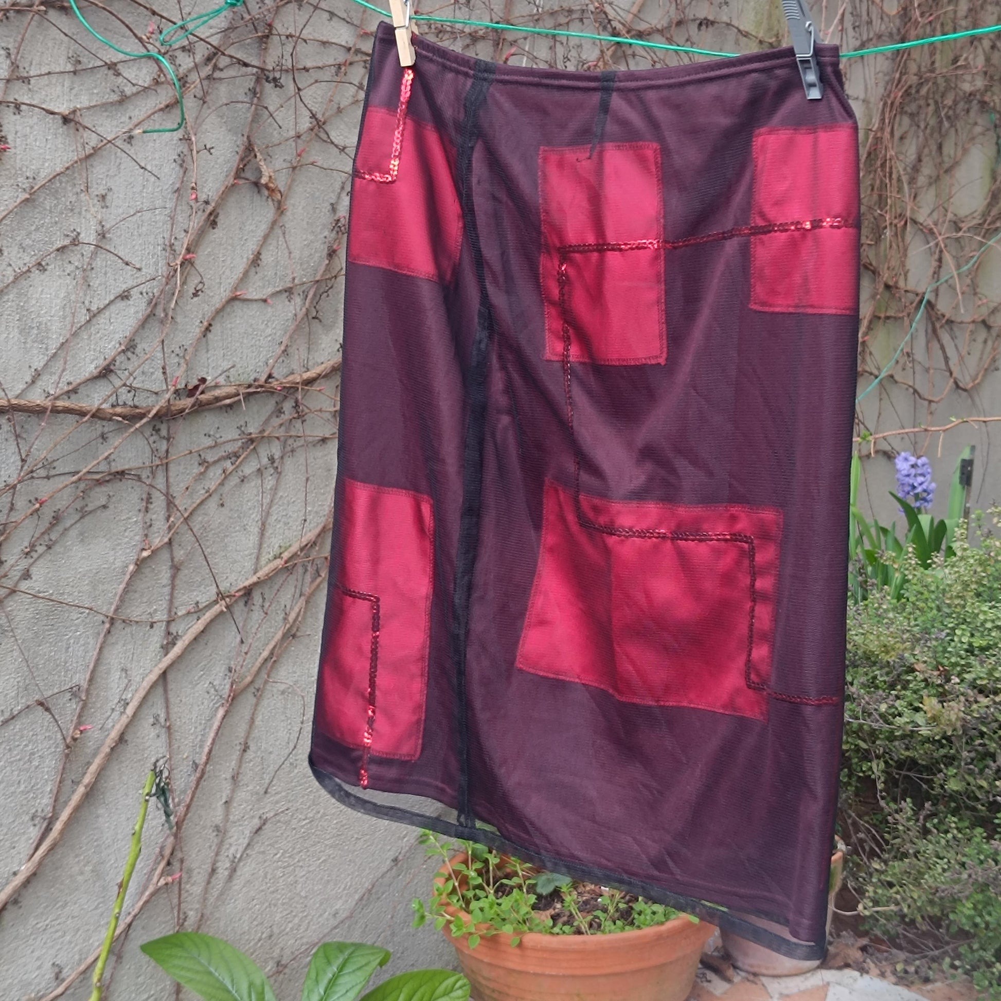 y2k Red Skirt| Vintage Festive Skirt with Geometric and Sheer Details