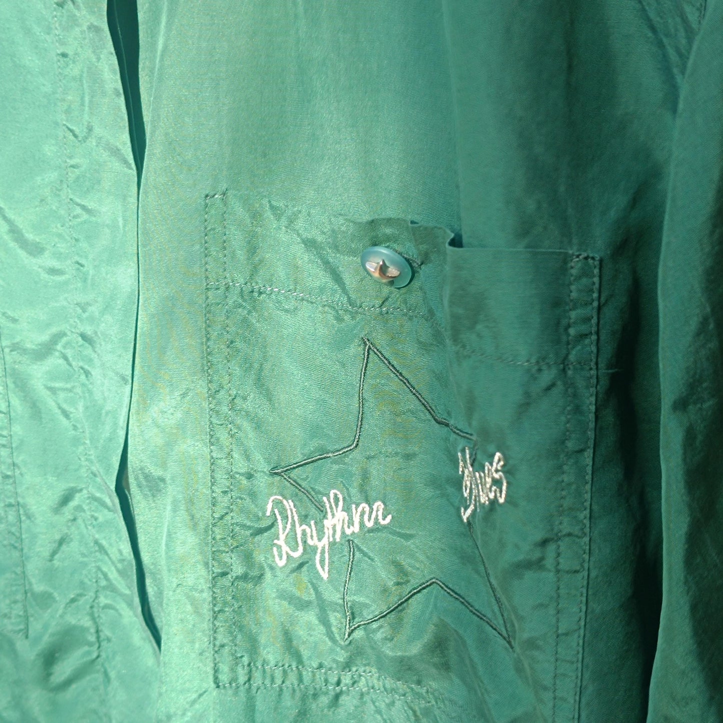 Oversized Silk Blouse Emerald Green 90s Vintage Shirt Embroidered Top L XL