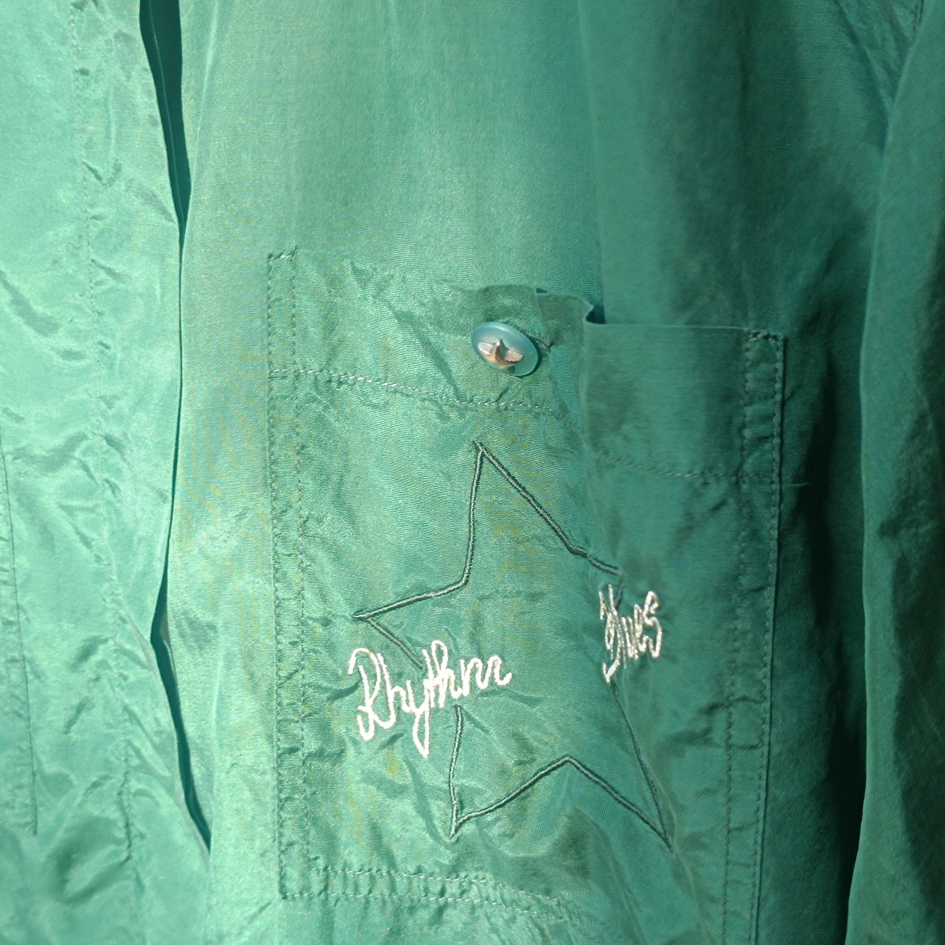 Oversized Silk Blouse Emerald Green 90s Vintage Shirt Embroidered Top L XL