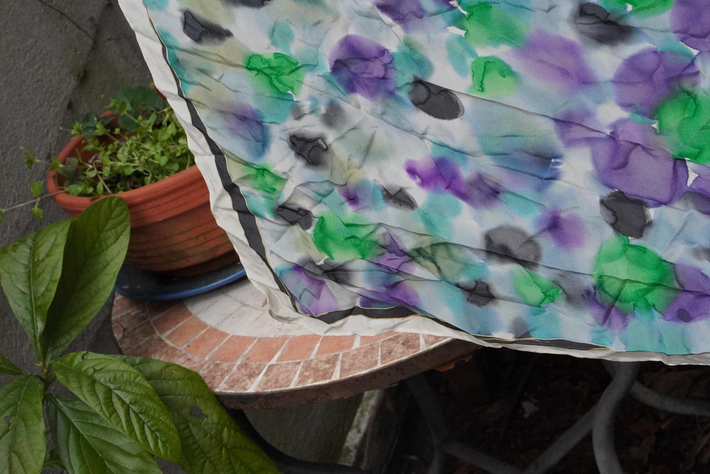 Vintage Hand Painted Silk Scarf Violet Green Abstract Floral Large Square Neck Head