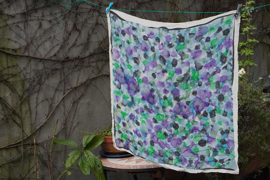 Vintage Hand Painted Silk Scarf Violet Green Abstract Floral Large Square Neck Head