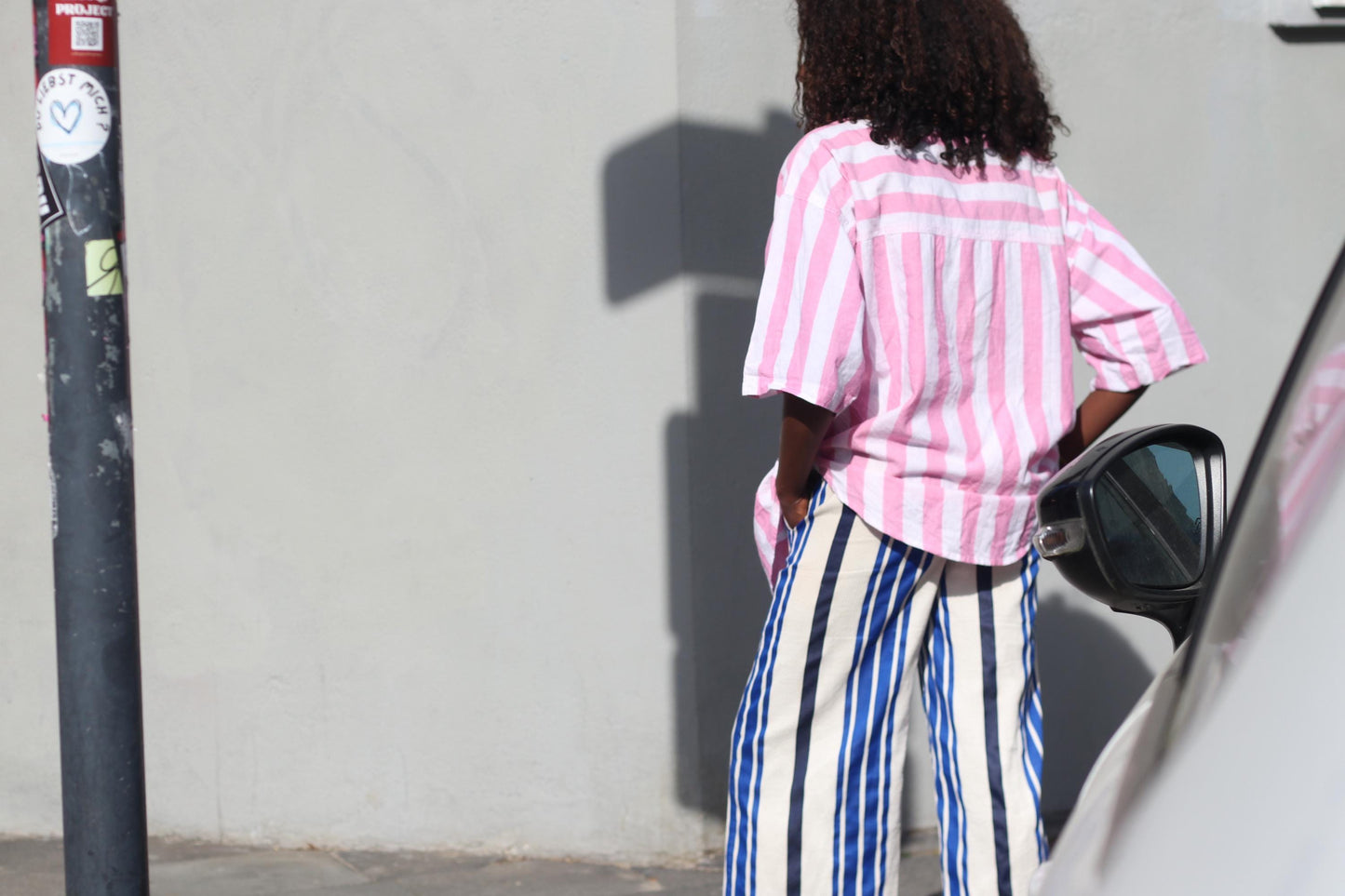 Pink White Striped Shirt Cotton Oversized Blouse Short Sleeve Button Up Top JOY