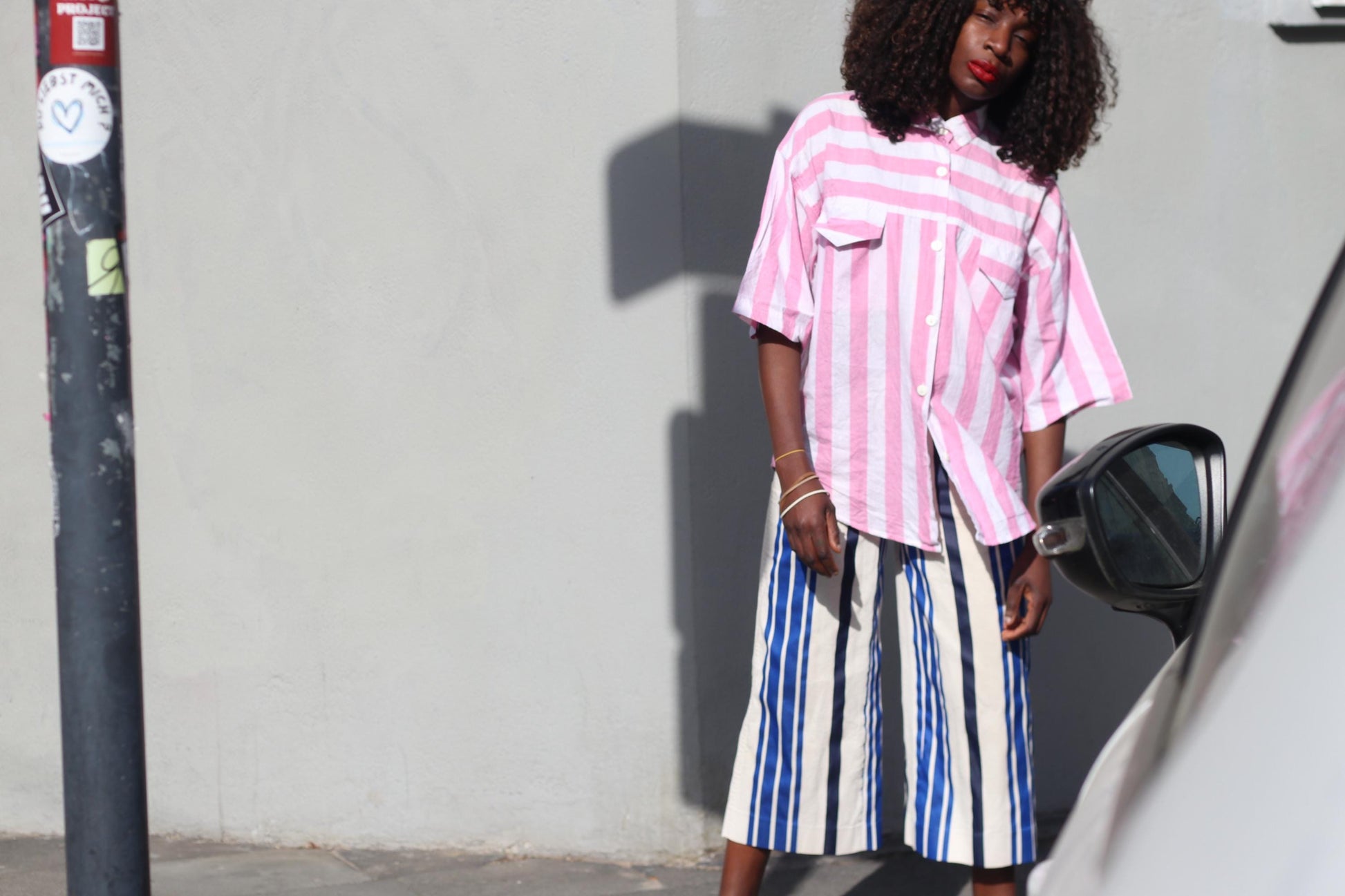 Pink White Striped Shirt Cotton Oversized Blouse Short Sleeve Button Up Top JOY