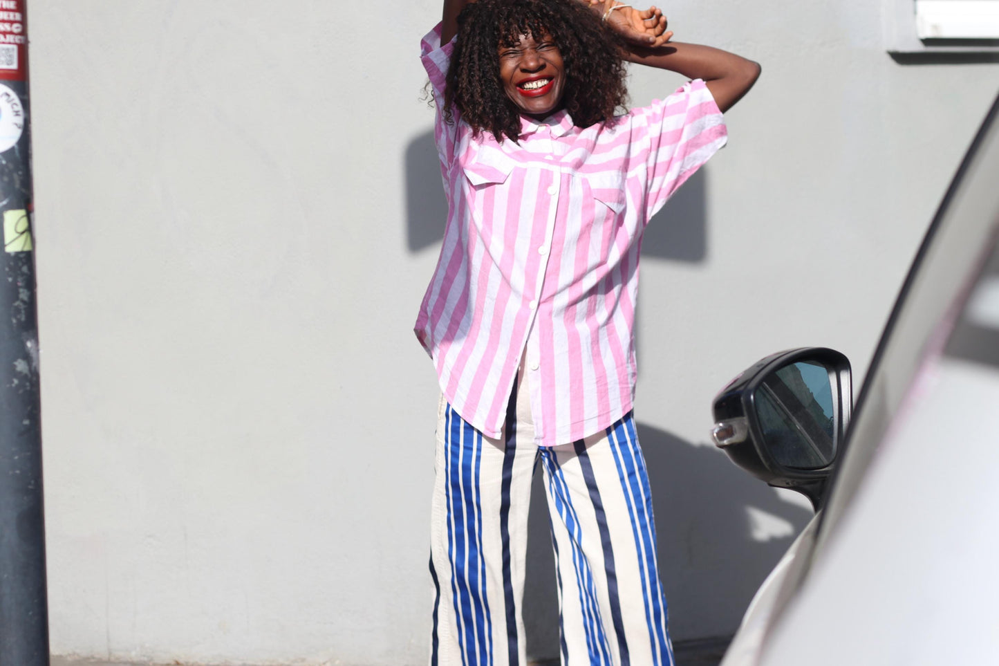 Pink White Striped Shirt Cotton Oversized Blouse Short Sleeve Button Up Top JOY