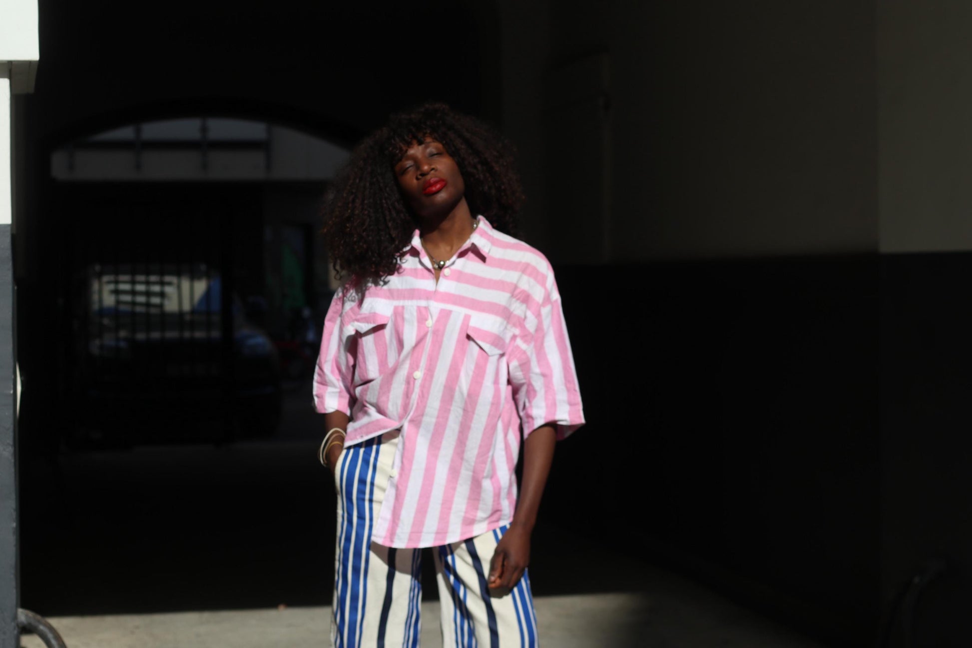 Pink White Striped Shirt Cotton Oversized Blouse Short Sleeve Button Up Top JOY
