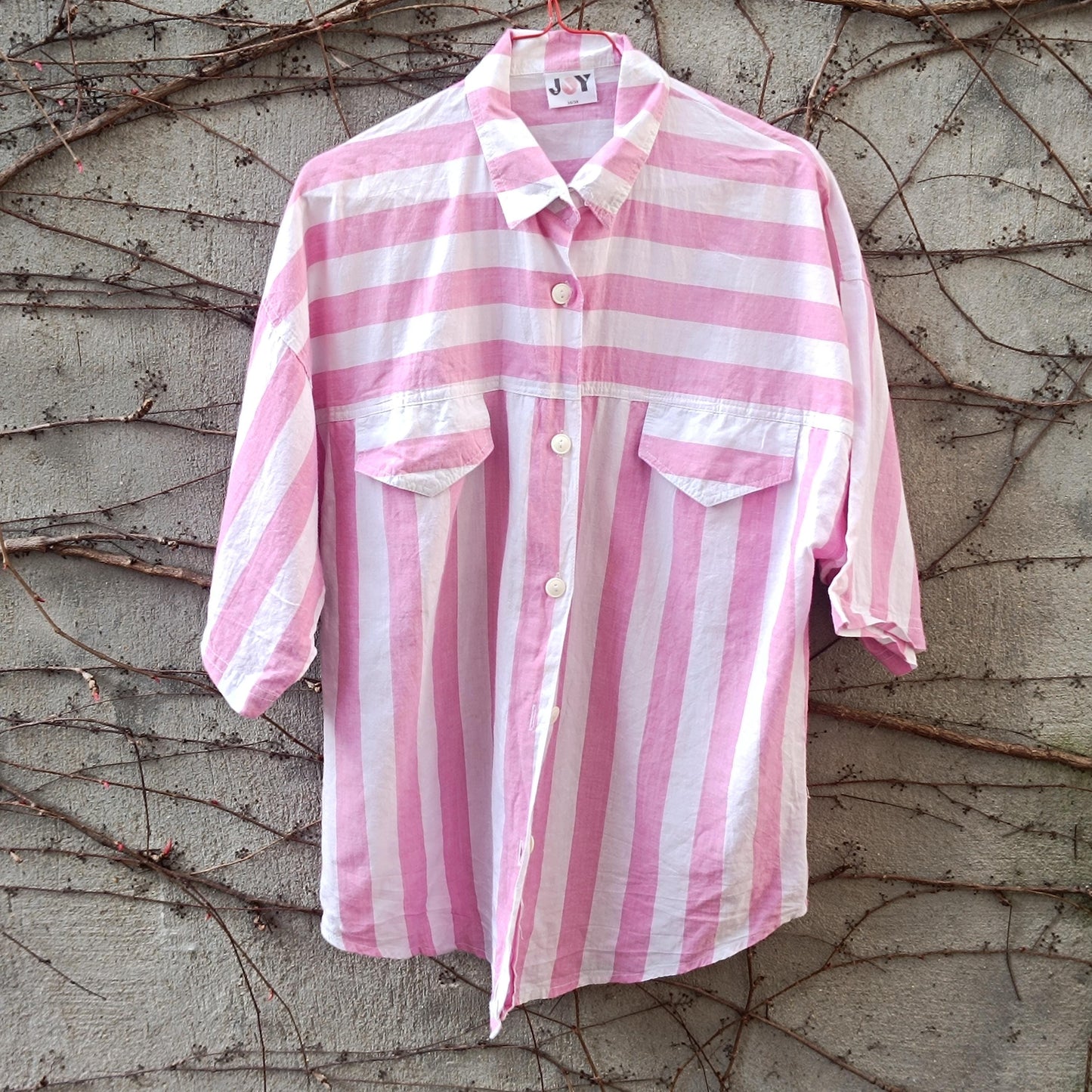 Pink White Striped Shirt Cotton Oversized Blouse Short Sleeve Button Up Top JOY