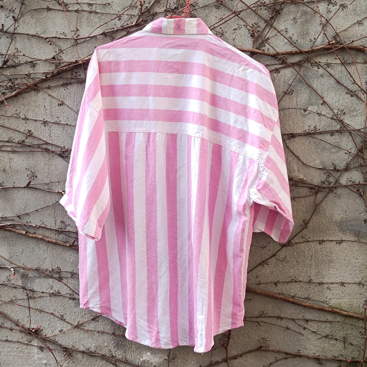 Pink White Striped Shirt Cotton Oversized Blouse Short Sleeve Button Up Top JOY