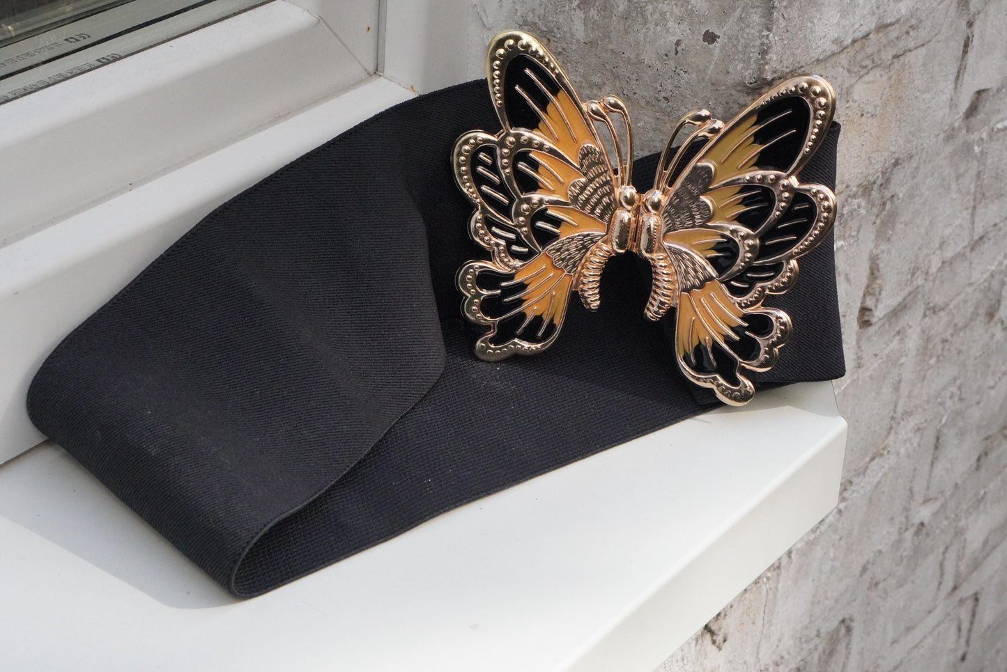 Butterfly Belt Vintage 80s Cinch Waist Elastic Gold Animal Buckle Statement Wide