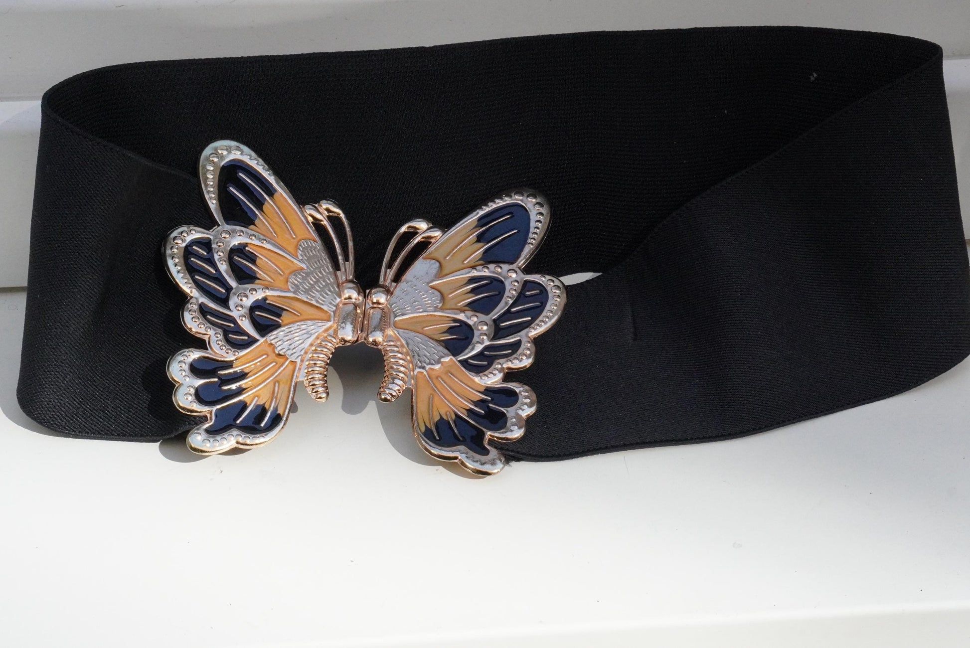 Butterfly Belt Vintage 80s Cinch Waist Elastic Gold Animal Buckle Statement Wide