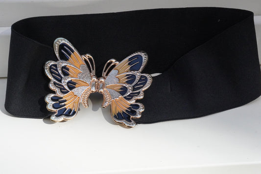 Butterfly Belt Vintage 80s Cinch Waist Elastic Gold Animal Buckle Statement Wide