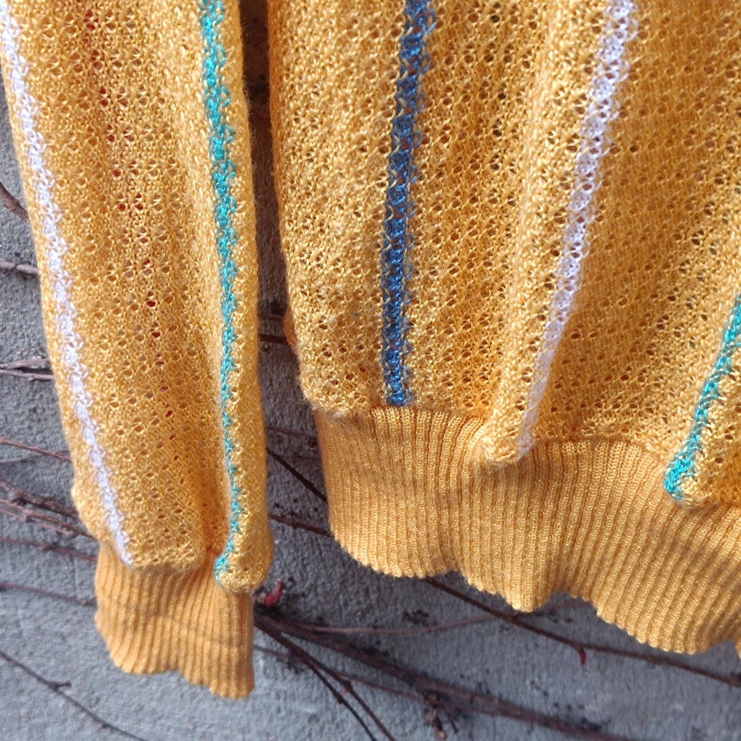 Vintage Yellow Knit Sweater Striped V-Neck Jumper Retro 70s 80s Cotton Knit Top