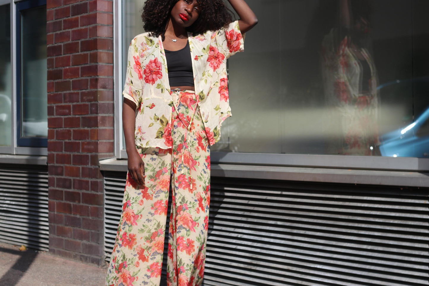 Vintage Floral Wrap Top| 90s Rose Print Sheer Blouse Cream Red Short Sleeve