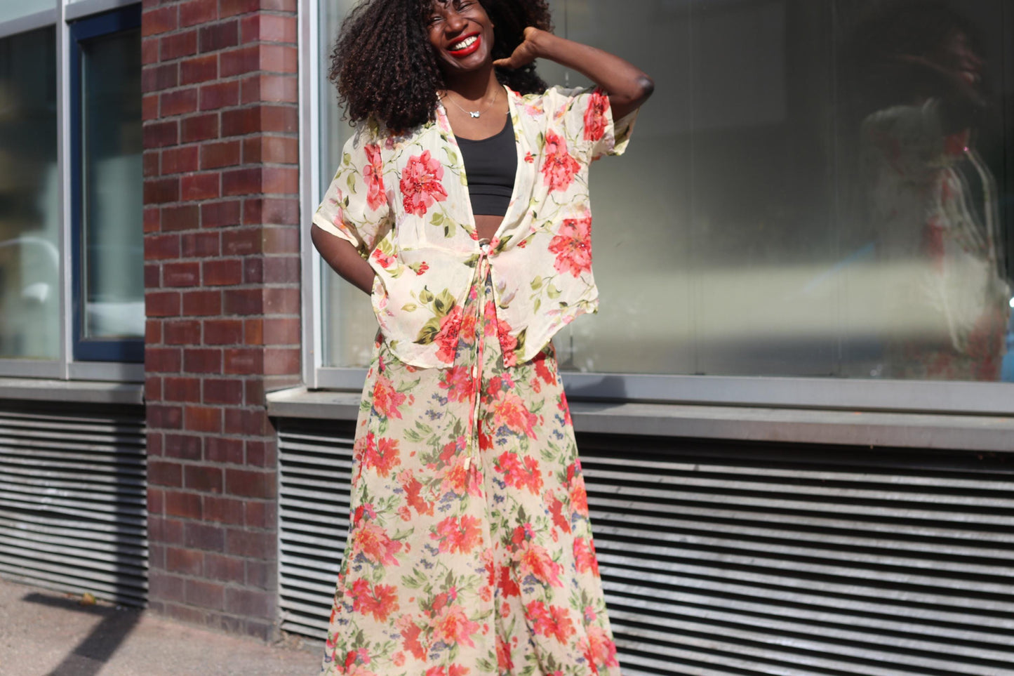 Vintage Floral Wrap Top| 90s Rose Print Sheer Blouse Cream Red Short Sleeve