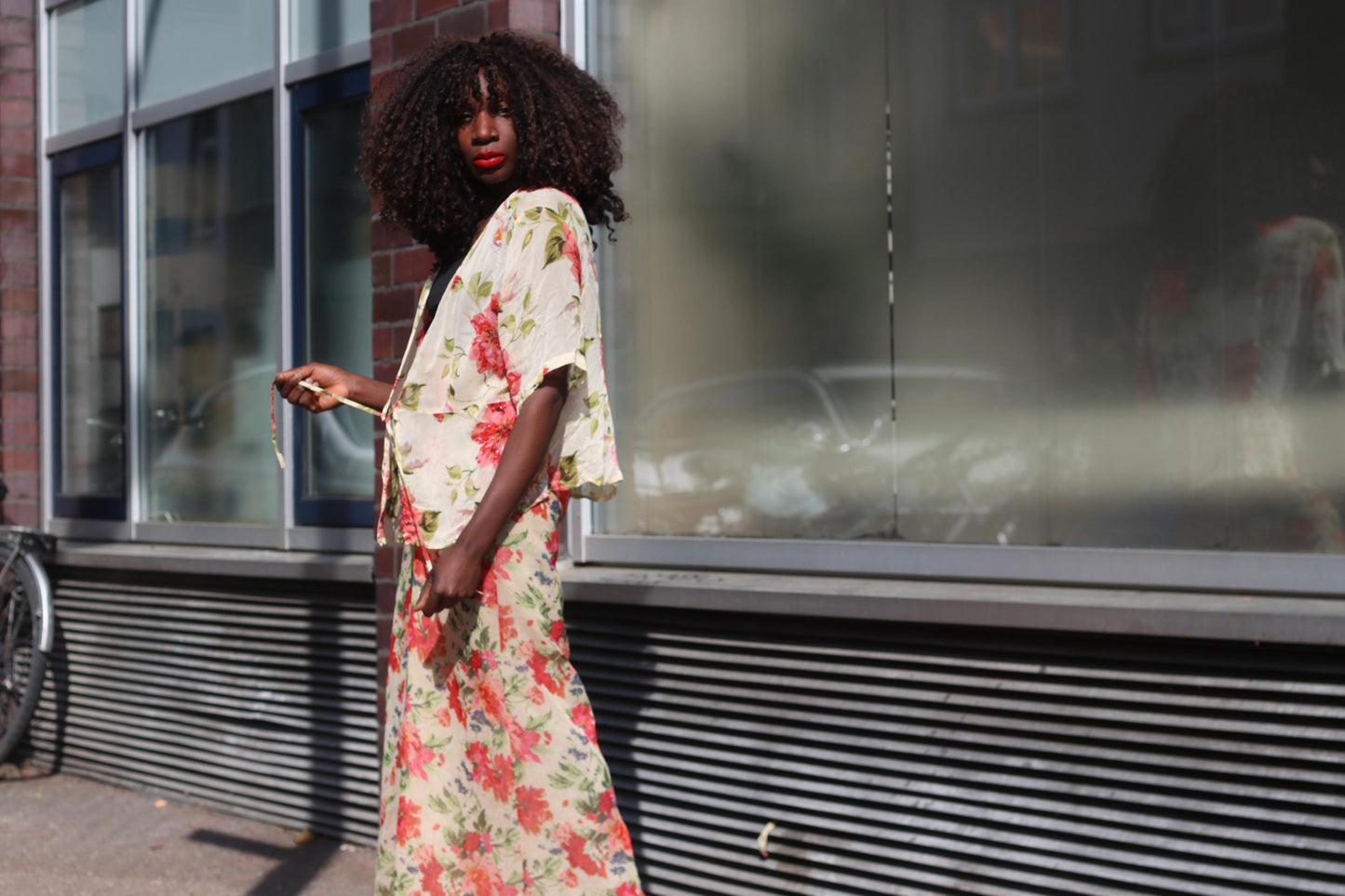 Vintage Floral Wrap Top| 90s Rose Print Sheer Blouse Cream Red Short Sleeve